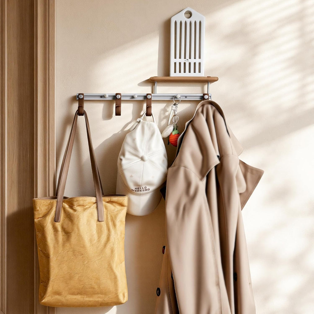 Wall Mounted Coat Rack with Shelf, Modular Entryway Hooks Organizer, Adjustable Aluminum Rail with Wooden Hooks, Expandable Storage for Entryway, Hallway, Mudroom