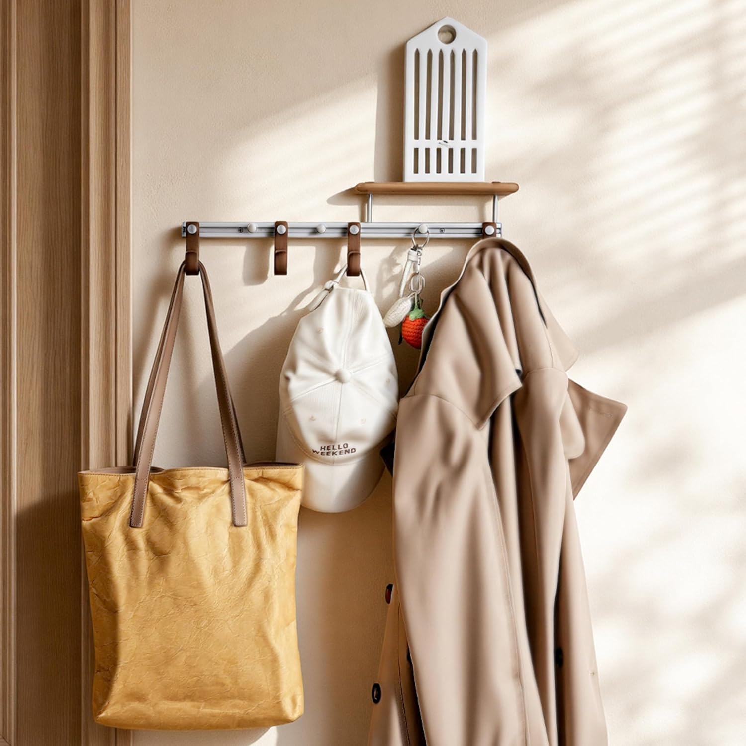 Wall Mounted Coat Rack with Shelf, Modular Entryway Hooks Organizer, Adjustable Aluminum Rail with Wooden Hooks, Expandable Storage for Entryway, Hallway, Mudroom