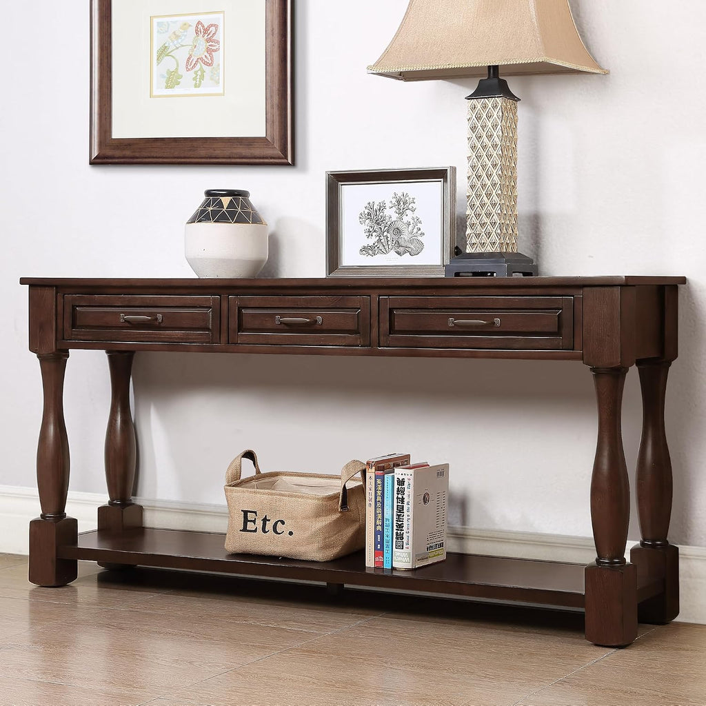 Merax Console Table with 4 Drawers, Retro Entryway Table with Open Storage Shelf for Entryway, Wood Side Table with Thick Legs for Living Room Bedroom, Espresso
