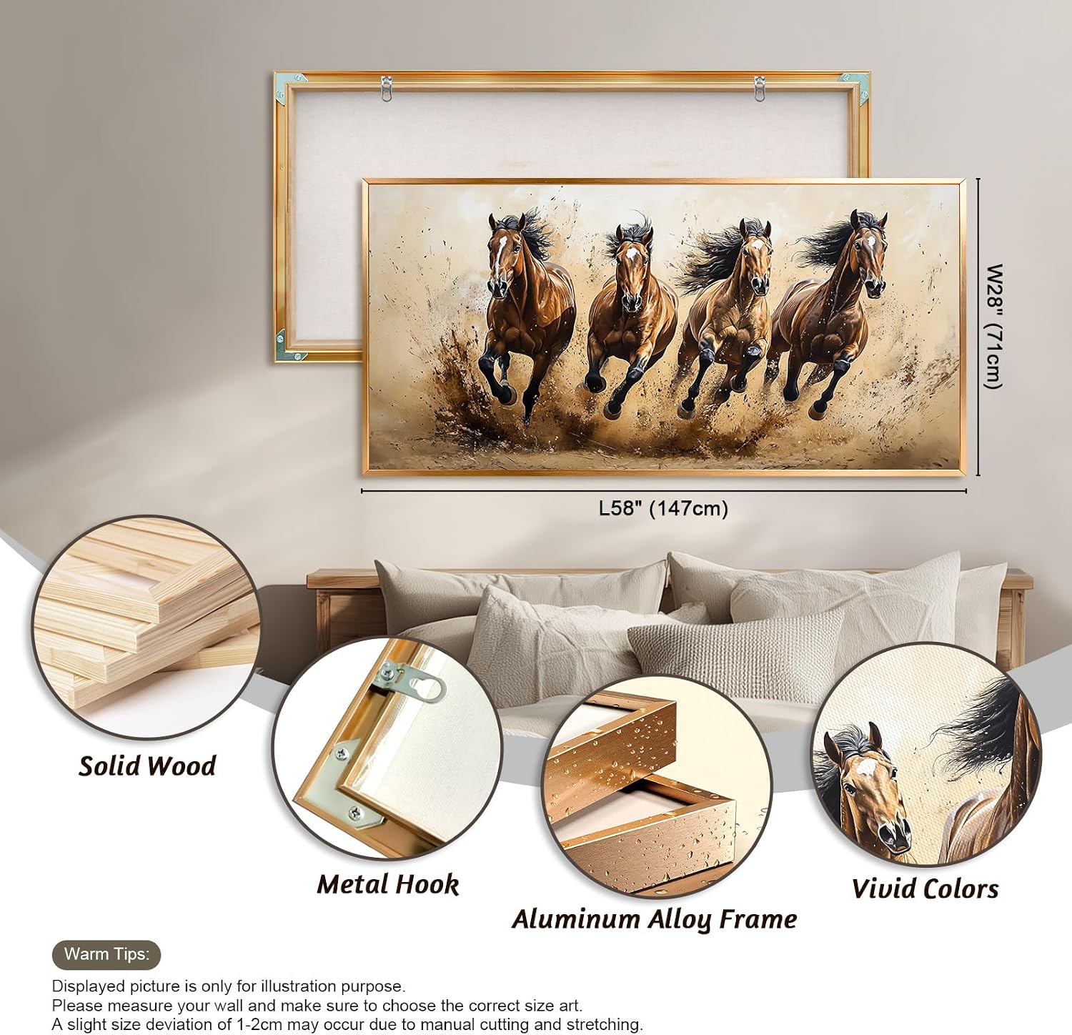 Azatyam Running Horse Wall Art Wild Horses Western Canvas Prints Brown Galloping Stallion Animal Picture Large Nature Artwork for Living Room Bedroom Office Home Decor Aluminum Alloy Frame 28" x 58"