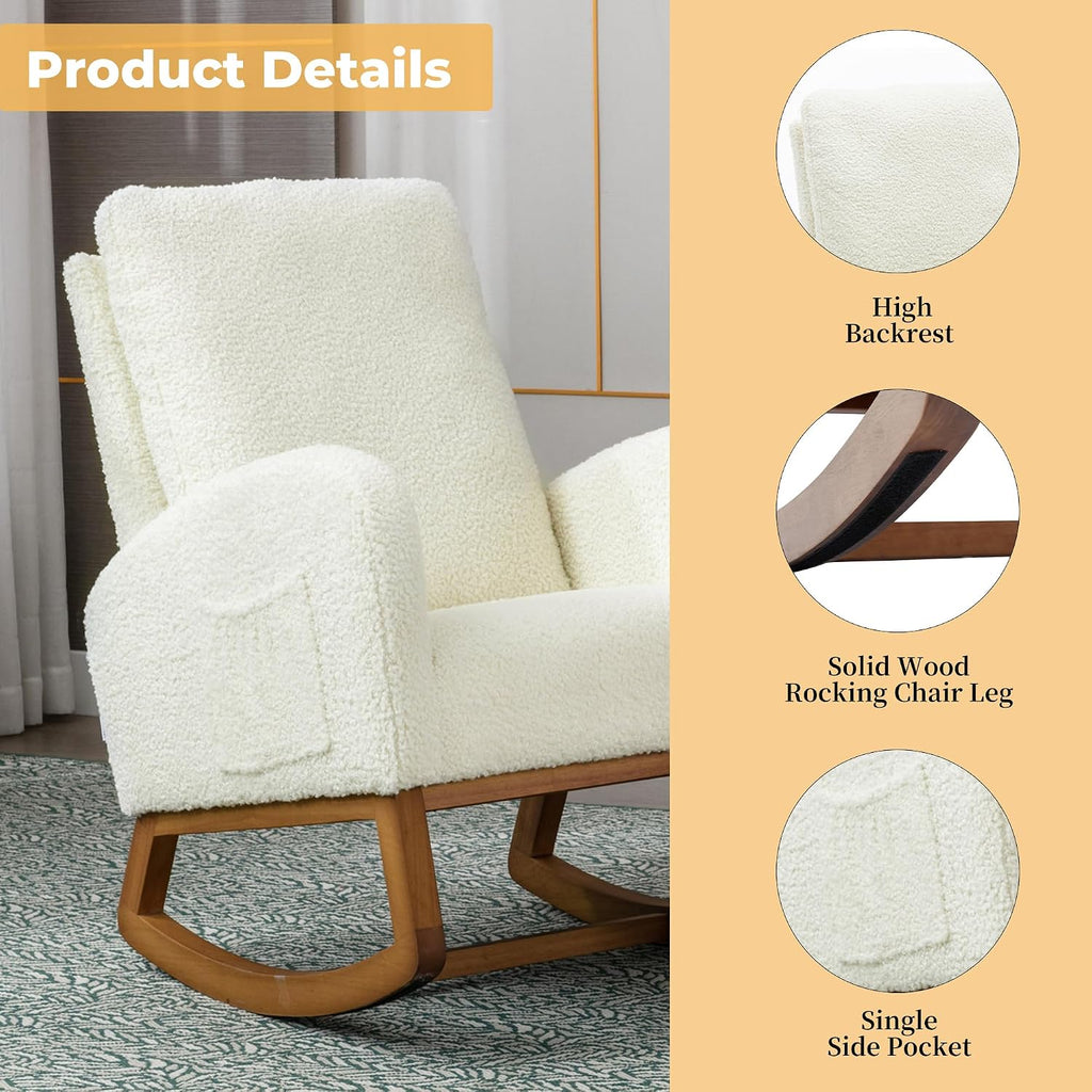 Modern Rocking Chair, Oversized Glider Recliner with High Backrest & Side Pocket, Upholstered Nursery Accent Chair for Living Room, Bedroom, Nursery, Solid Wood Legs (White Teddy)