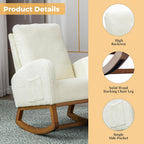 Modern Rocking Chair, Oversized Glider Recliner with High Backrest & Side Pocket, Upholstered Nursery Accent Chair for Living Room, Bedroom, Nursery, Solid Wood Legs (White Teddy)