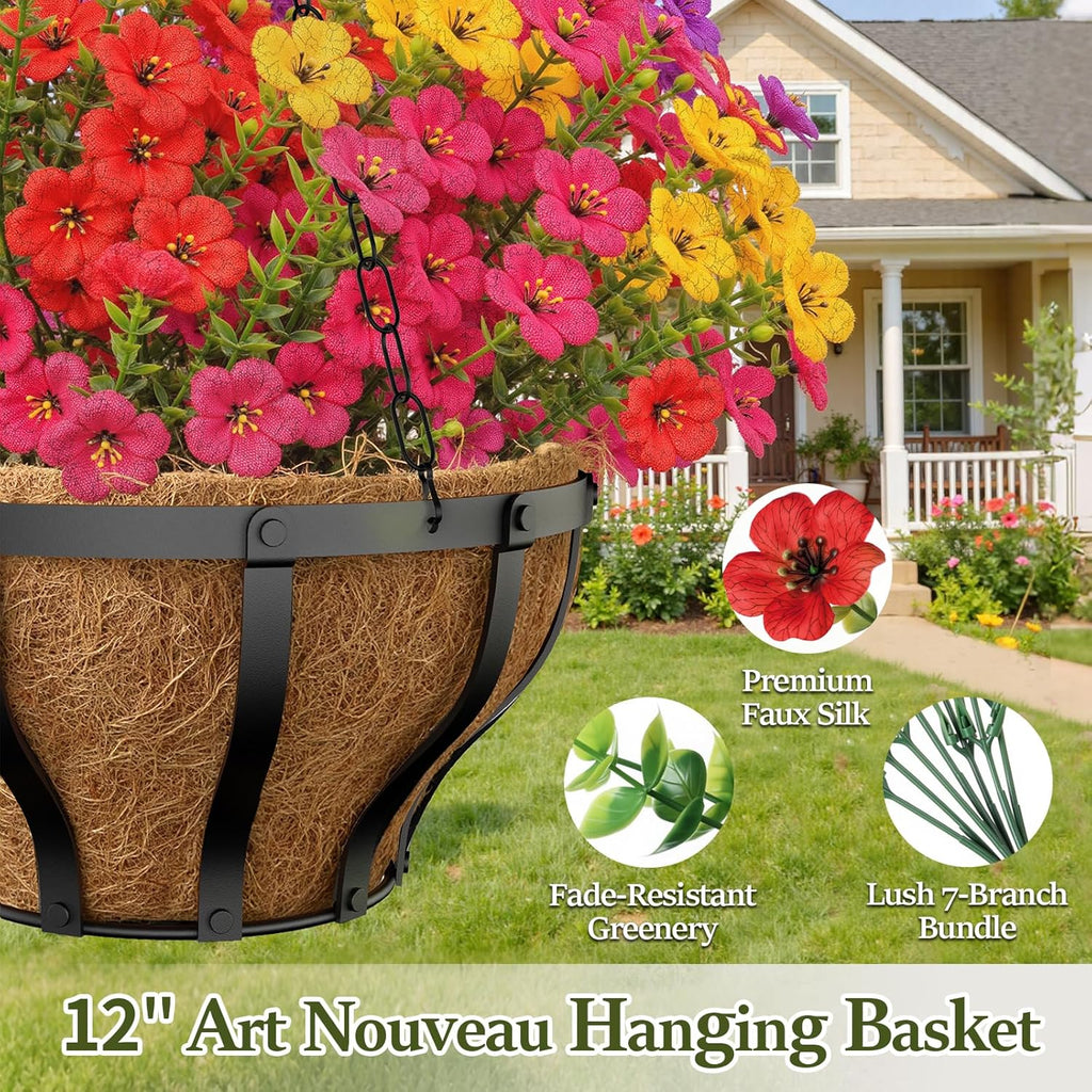 VOXOR Artificial Hanging Flowers with Hanging Baskets for Outdoors, 12 Inch Metal Hanging Planter with 12 Bundles UV Resistant Fake Flowers, Faux Hanging Plants for Porch Patio Garden Balcony Decor