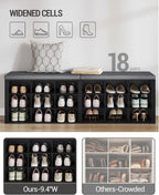 Hzuaneri Shoe Storage Bench with Cushion, Entryway Storage Bench with 18 Cubbies, 9.5" Widened Organizer Cabinet, Long Cubby Rack for Living Room, Bedroom, Entryway, Black SB25704GY | 9.5" Widened Organizer Cabinet, large Cubby Shoe Rack for Living Room