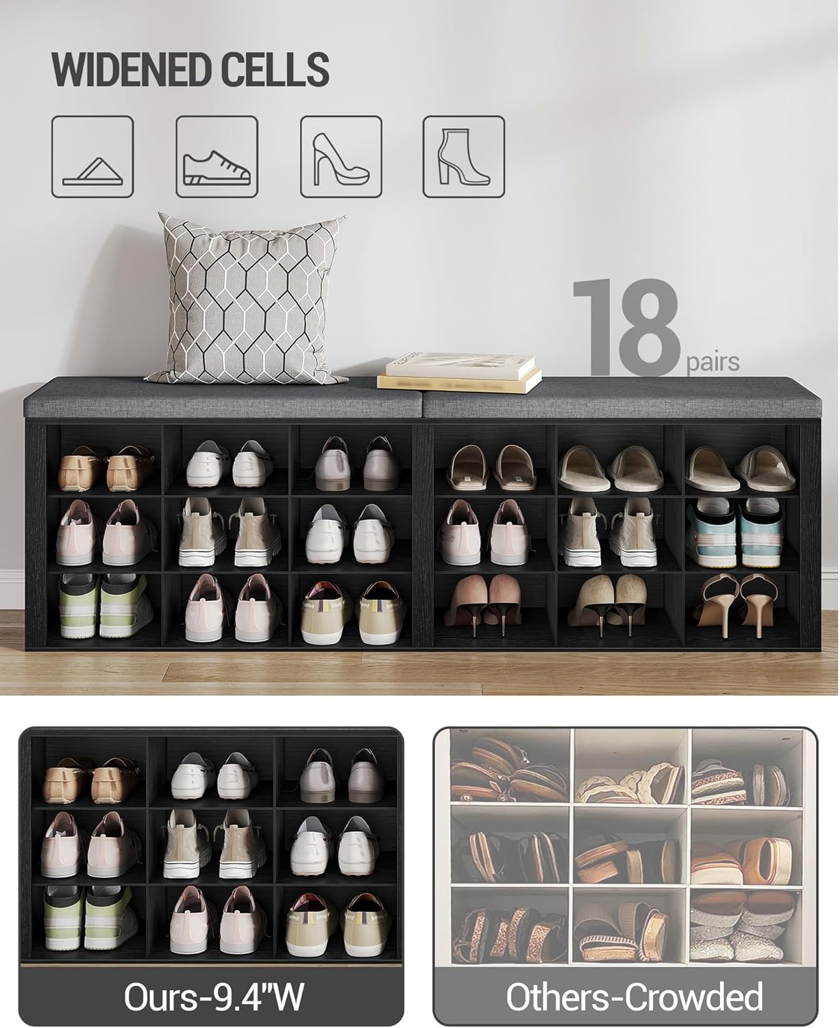 Hzuaneri Shoe Storage Bench with Cushion, Entryway Storage Bench with 18 Cubbies, 9.5" Widened Organizer Cabinet, Long Cubby Rack for Living Room, Bedroom, Entryway, Black SB25704GY | 9.5" Widened Organizer Cabinet, large Cubby Shoe Rack for Living Room