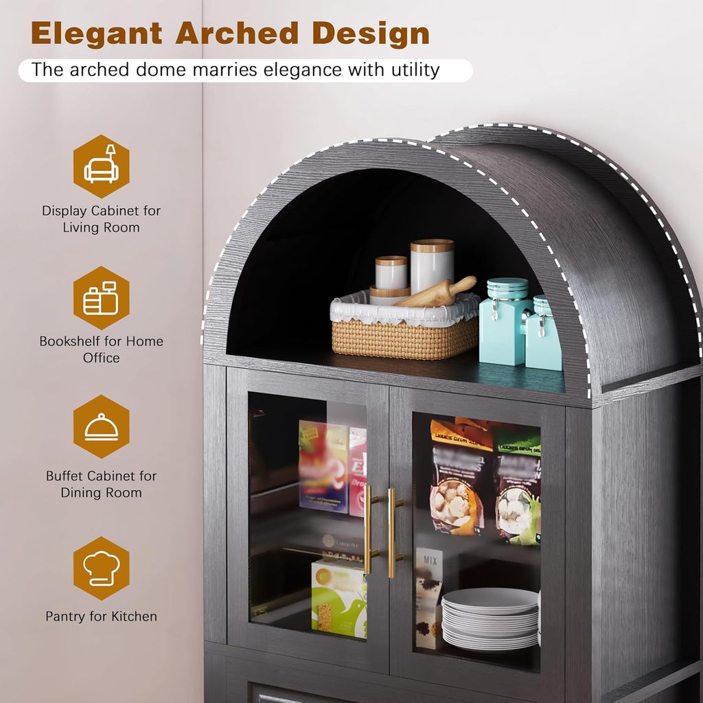 Kitchen Pantry Cabinet with Arched Top, White Storage Cabinet with Adjustable Shelves, Freestanding Cupboard with Drawer and Door Organizers, 70.8H x 31.5W x 15.75D Inches (Black)