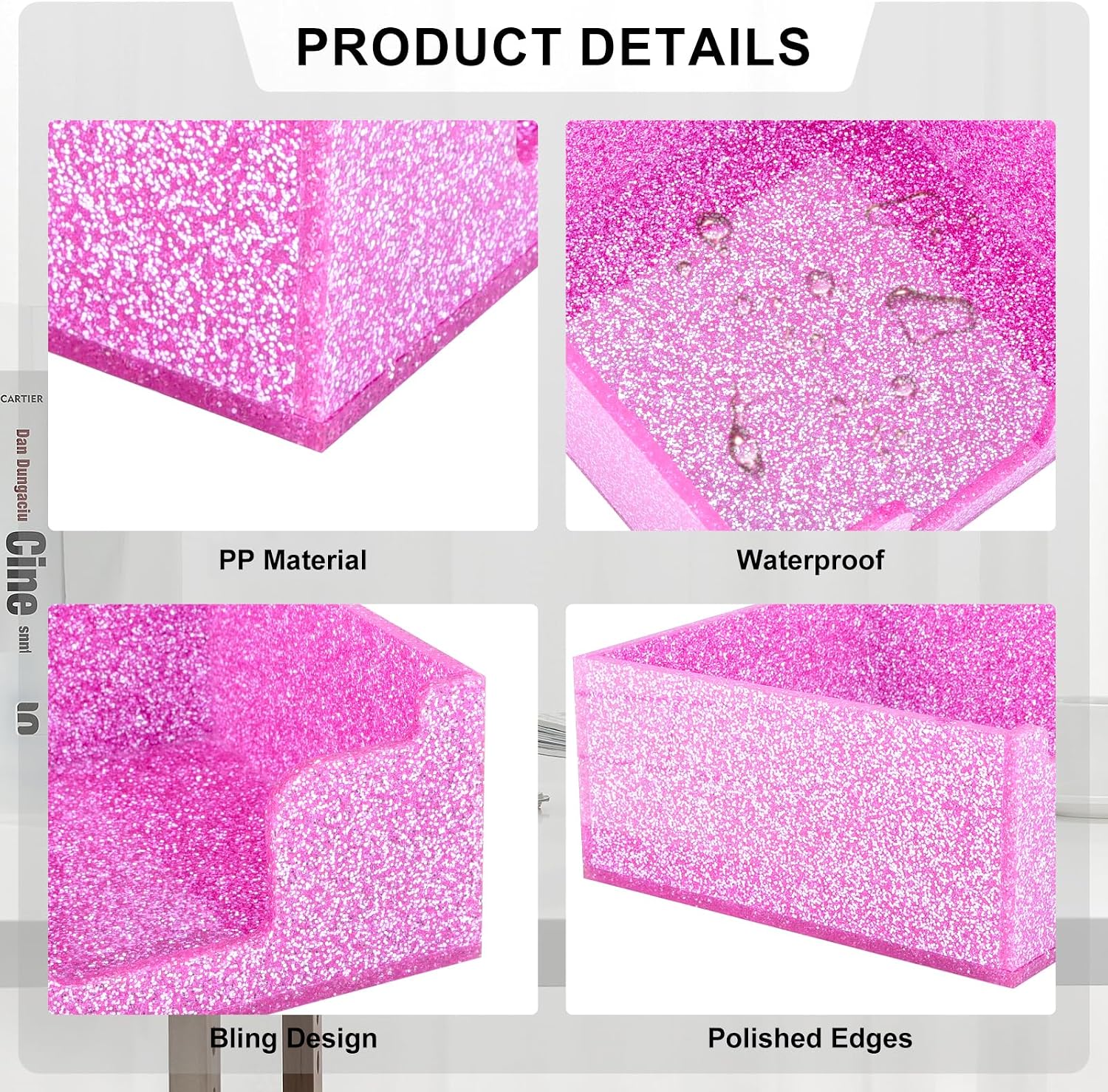 Rouidr Acrylic Sticky Note Holder, Self Stick Note Pad Holder, 3.94 x 3.94 Inch Glitter Memo Pad Dispenser Organizer for School Office Home Desk Supplies, Pink