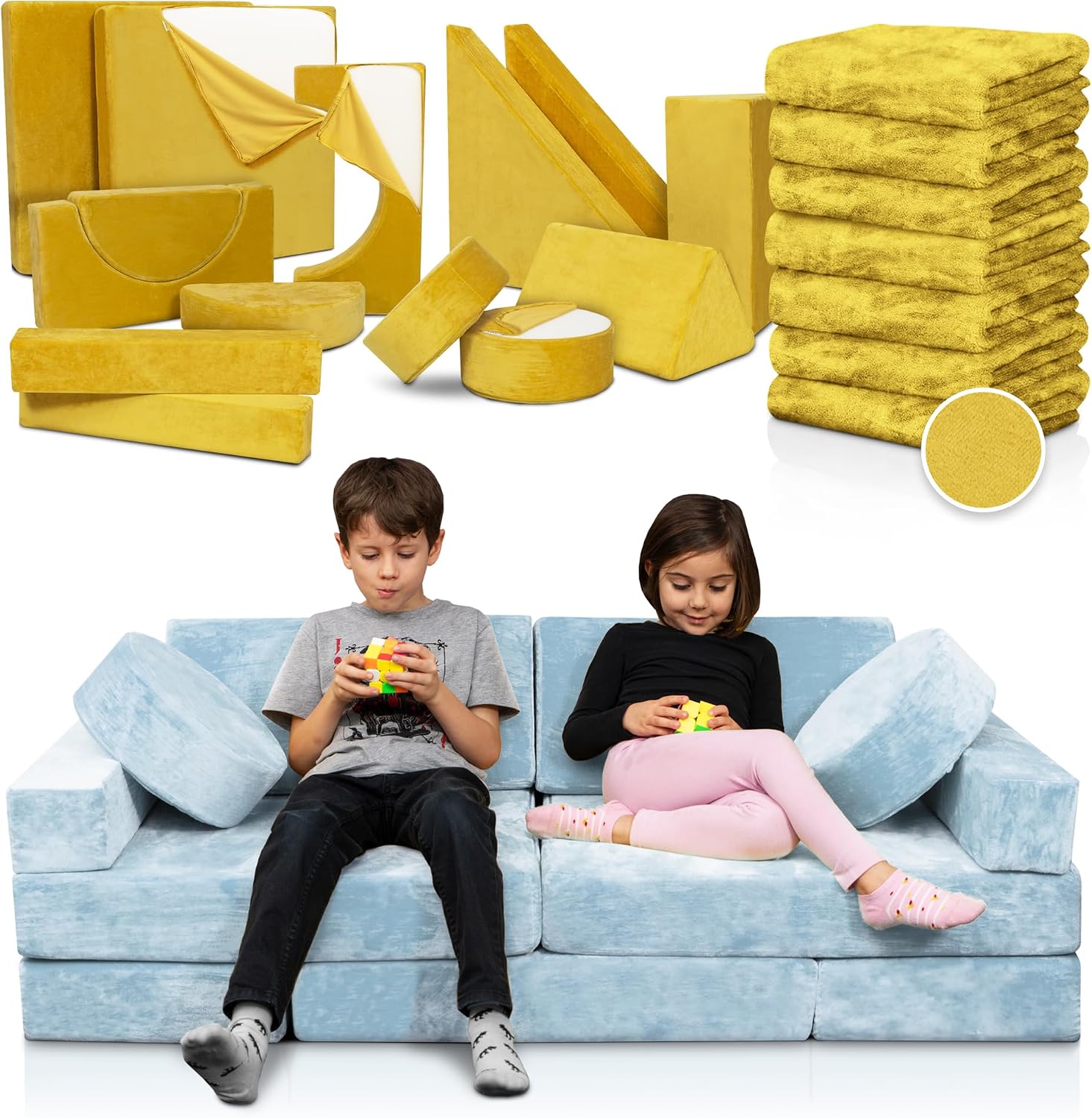 Lunix LX15 Modular Kids Couch 14pcs – Blue + Replacement Yellow Cover – Convertible Play Sofa for Toddlers & Kids – Washable, Soft Foam for Climbing, Building & Resting – Bundle and Save 10%