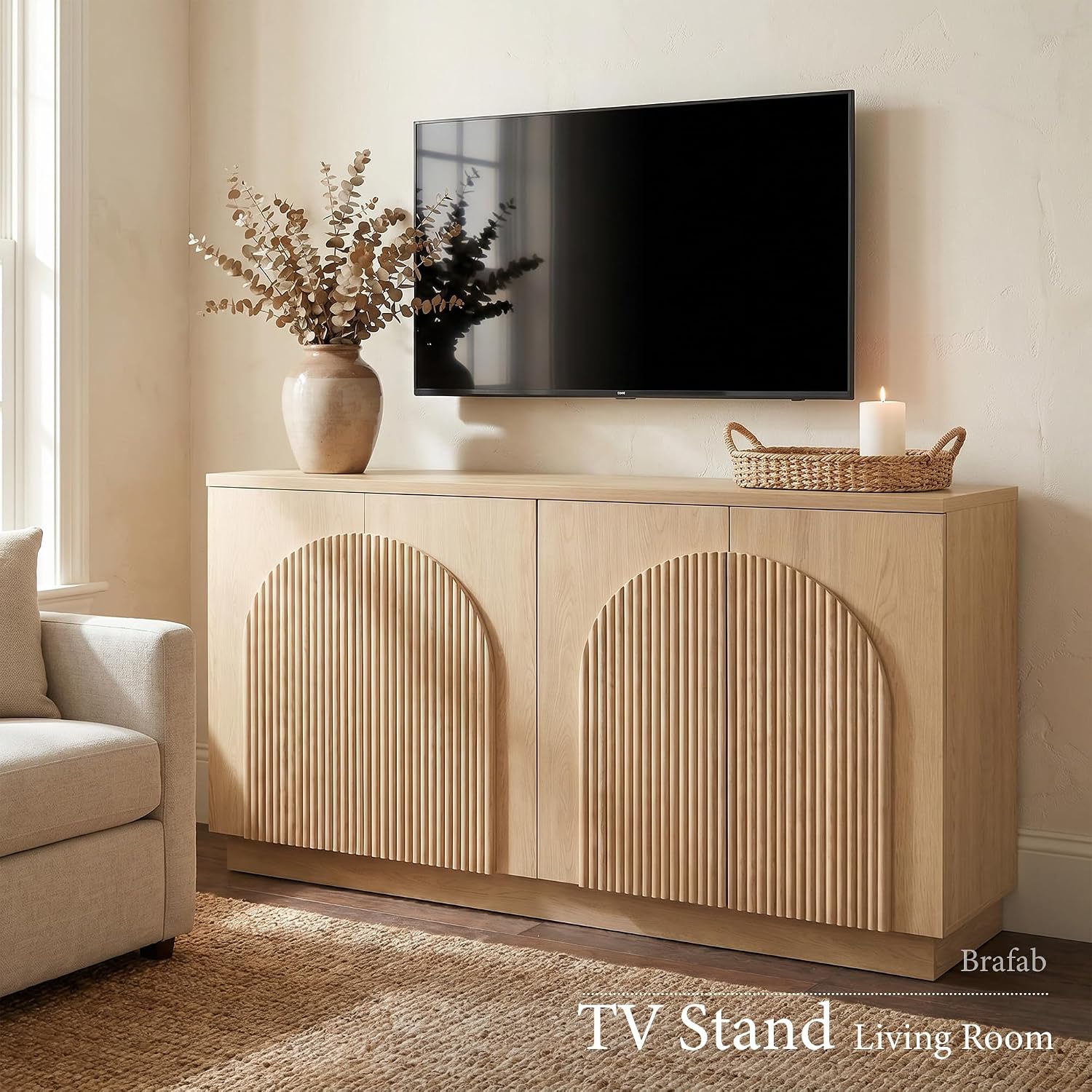 Brafab Modern 55" Fluted Wood Sideboard Buffet Cabinet with Storage/Natural | Hand-Pinned 3D Reeded 4-Door Facade, 2 Adjustable Shelves, Living Room TV Stand, Kitchen Buffet, Entryway Office Credenza