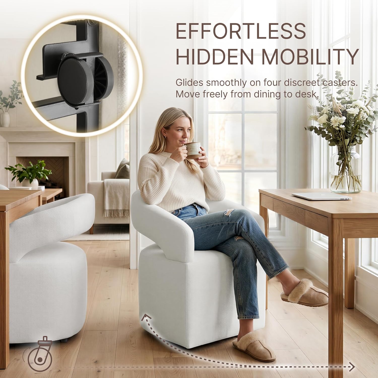 KISLOT Upholstered Dining Chairs Set of 2, Modern Arm Kitchen & Dining Room Chairs with Hidden Casters, Linen Fabric Padded Rolling Chairs, Sturdy Wood Frame, 300 lbs Capacity, Light Linen