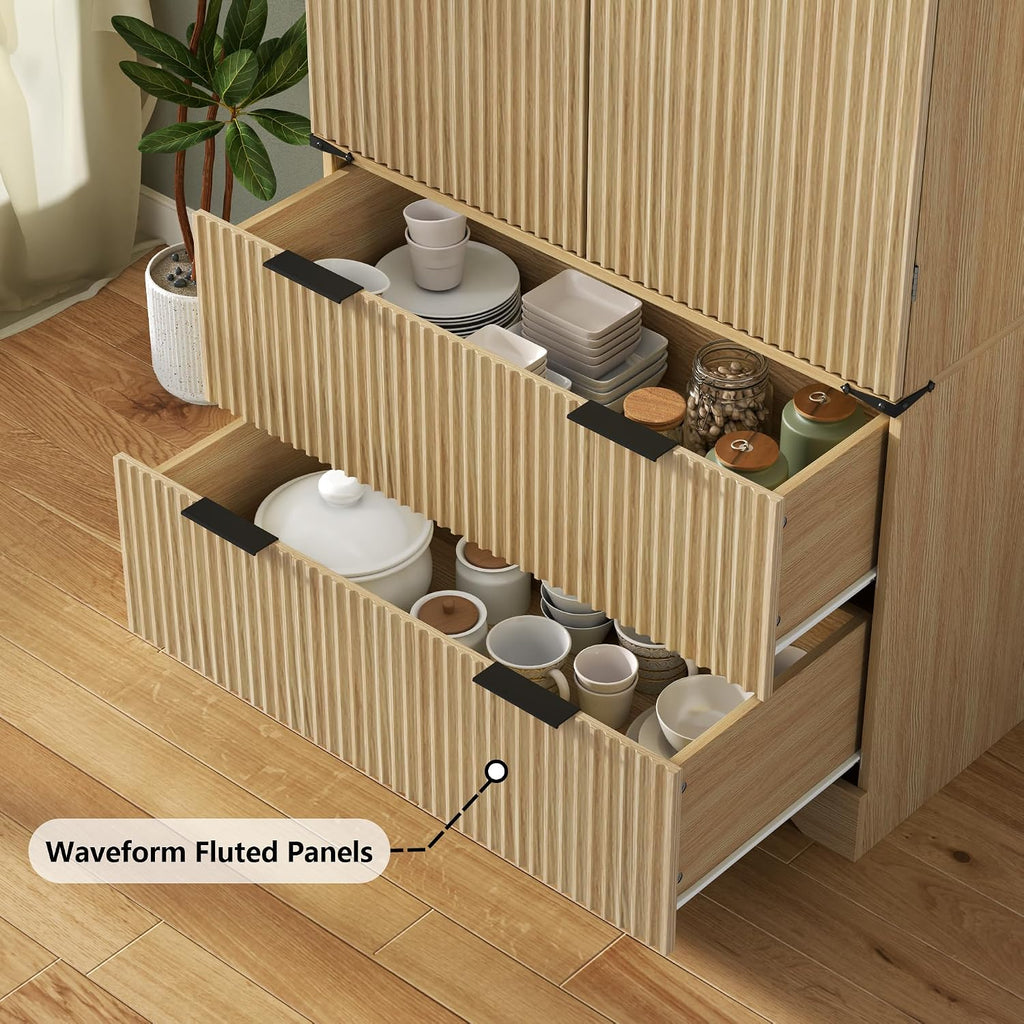 Loomie 71" Tall Kitchen Pantry Cabinet, Modern Fluted Storage Cabinet w/2 Drawers, 5 Adjustable Shelves & 7 Door Shelves, Wine Bar Cabinet w/Wine Rack & Glass Holder, Cupboard for Kitchen (Natural)