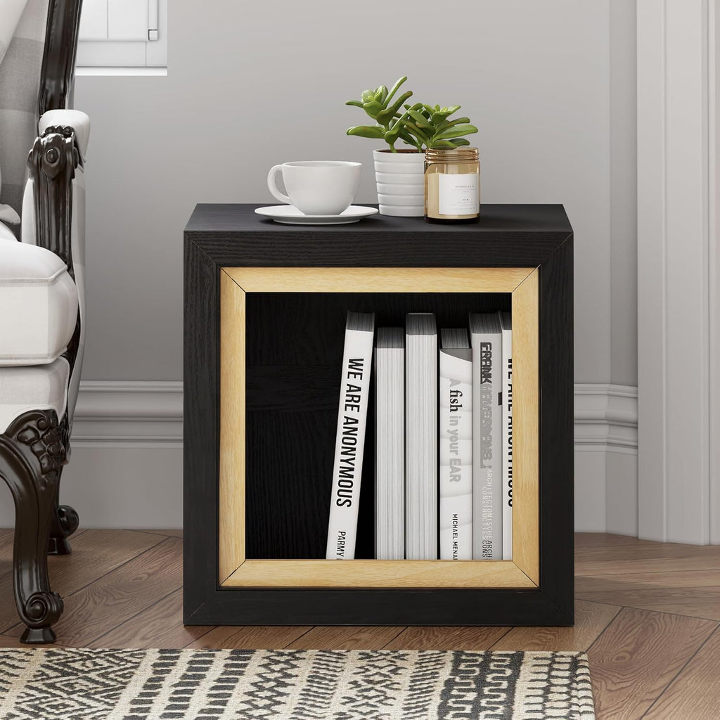 Aoikax Modern Cube End Table with Open Center Shelf, Geometric Wood Side Table with Hollow Storage, Minimalist Nightstand with Rectangular Shape for Living Room, Entryway, Office, Small Spaces, Black
