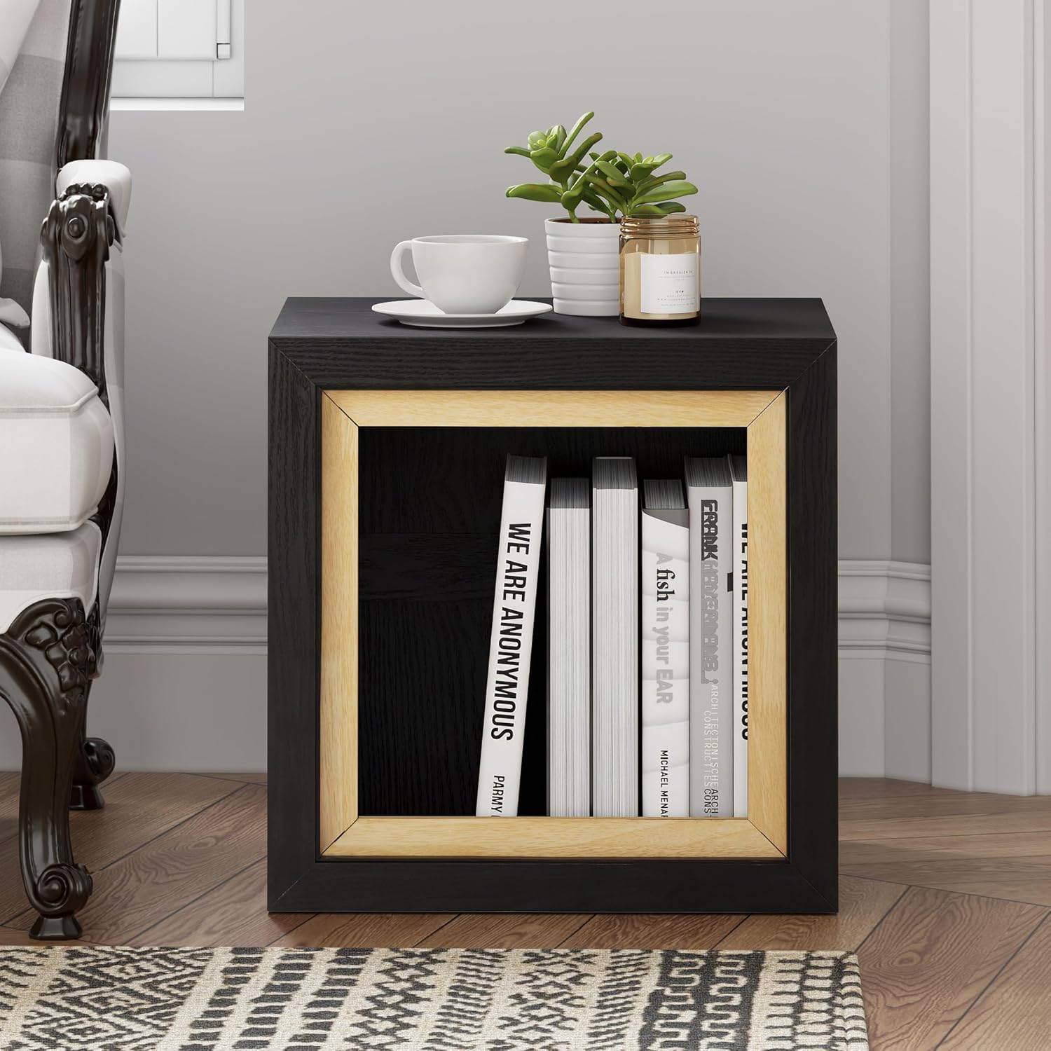 Aoikax Modern Cube End Table with Open Center Shelf, Geometric Wood Side Table with Hollow Storage, Minimalist Nightstand with Rectangular Shape for Living Room, Entryway, Office, Small Spaces, Black