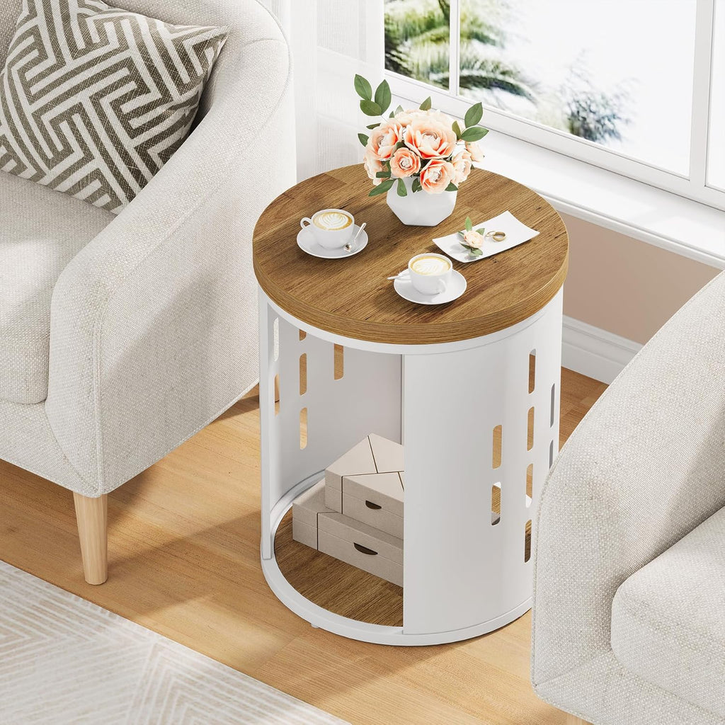 Rustic Round End Table, 2-Tier Side Table with Storage Shelf, Small Nightstand for Living Room and Small Spaces, White Metal Frame (Light Brown, Set of 2)