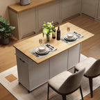ONBRILL 55'' Kitchen Island with Storage and Solid Rubberwood Top, Kitchen Storage Island on Wheels with 2 Drawers, Rolling Island Table with Adjustable Shelves for Dining Room& Kitchen, Off White