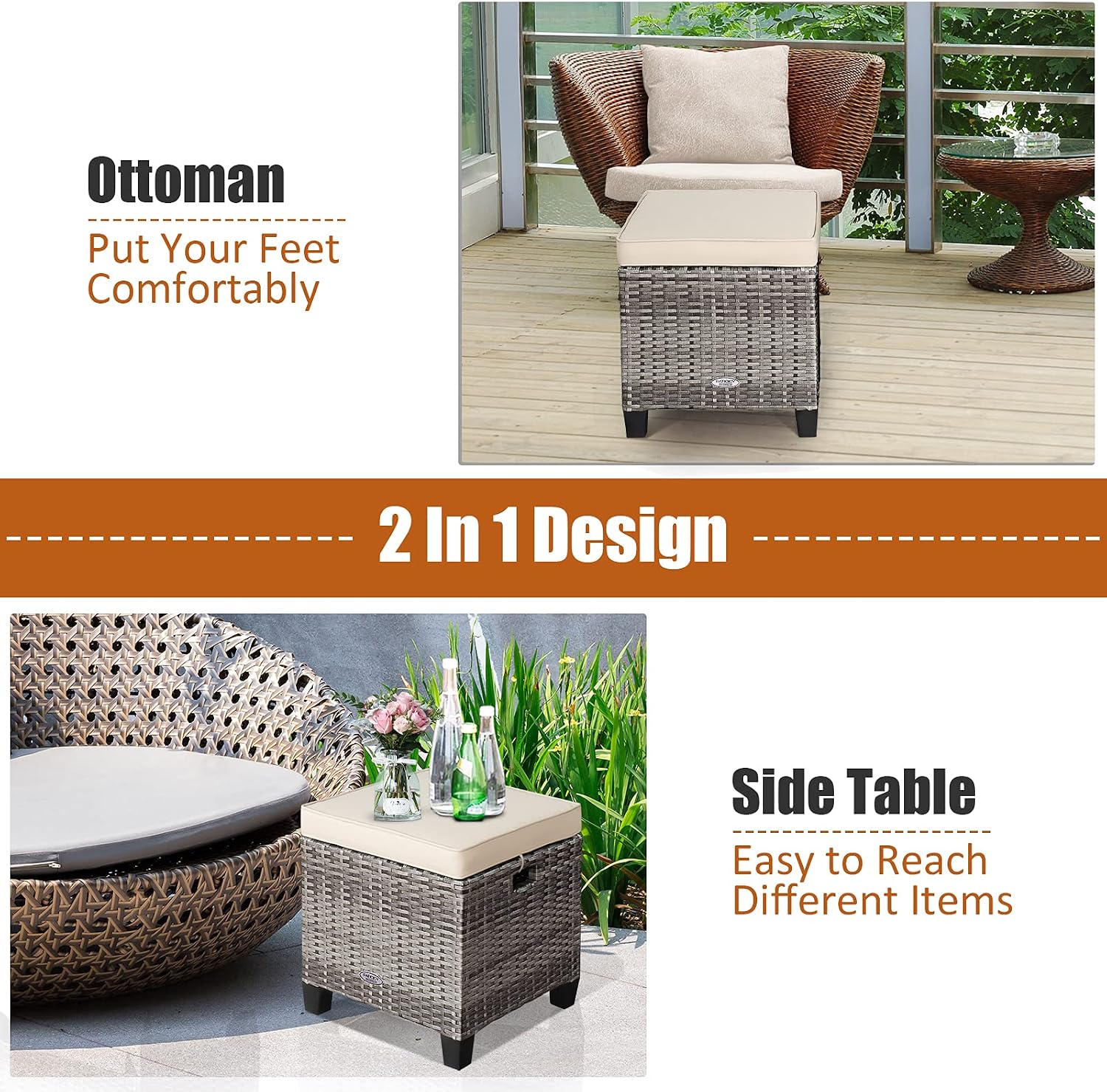 LDAILY Moccha 2 Pieces Patio Outdoor Ottoman, All Weather Rattan Patio Ottoman Set w/Removable Cushions, Footrest Seat Outdoor Footstool (Mix Grey + White)