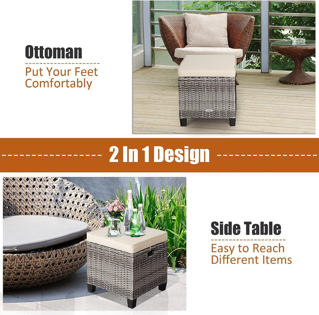 ORALNER Set of 2 Outdoor Ottoman, 16” Wicker Foot Stools, All-Weather Rattan Cube Footstool w/Removable Cushions, Square Footrest Extra Seating for Patio, Porch, Deck, Easy Assembly (Beige)