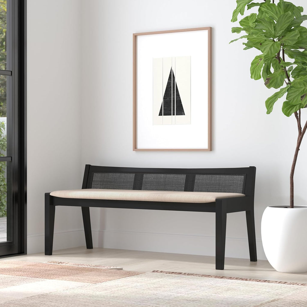 Powell Kasi Black Low Back Cane Bench with Beige Upholstered Seat