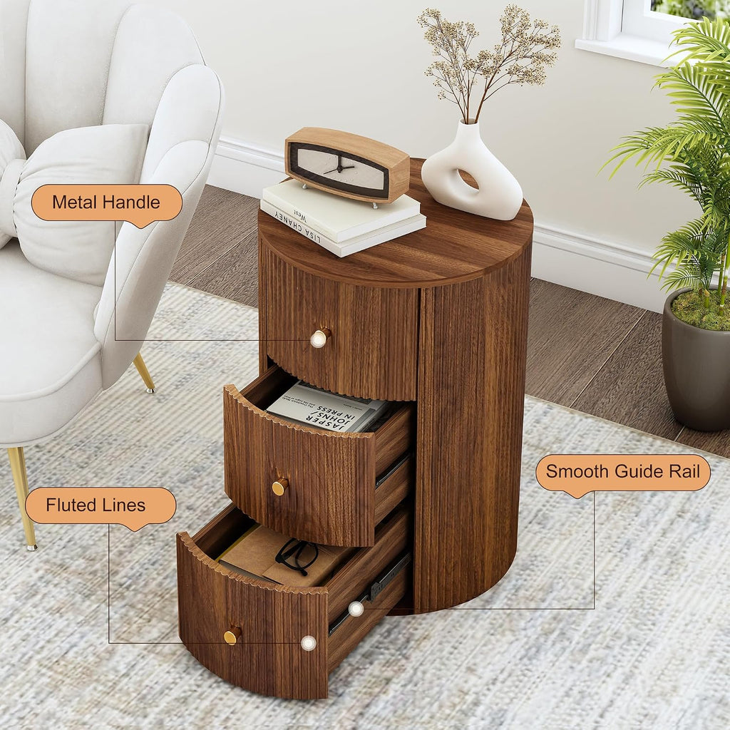 FurSch Fully Assembled Round End Table with 3 Storage Drawers, 15.75”Mid Century Side Table for Living Room, 3 Drawers Nightstand for Bedroom, Circle Sofa Bedside Table (Walnut-Round, 1 PC)