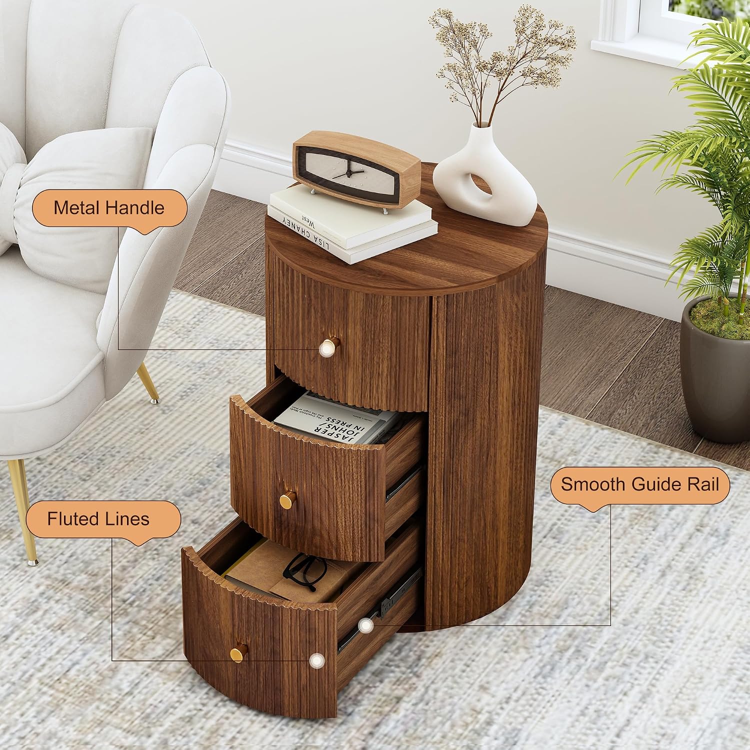 FurSch Fully Assembled Round End Table with 3 Storage Drawers, 15.75”Mid Century Side Table for Living Room, 3 Drawers Nightstand for Bedroom, Circle Sofa Bedside Table (Walnut-Round, 1 PC)