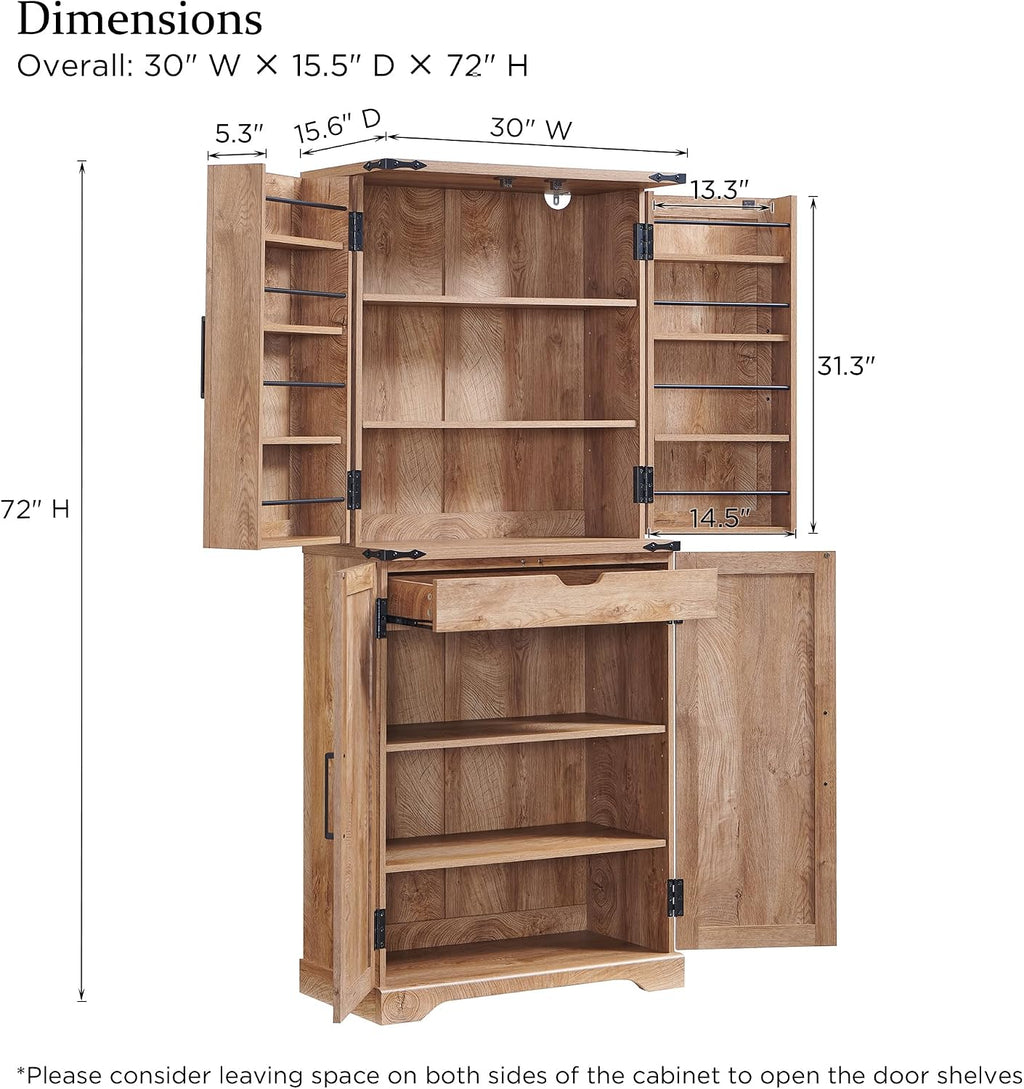 ACCOHOHO 72" Tall Kitchen Pantry, Farmhouse Storage Cabinet with Barn Doors, Organizer, Drawer and Adjustable Shelves, Rustic Wood Cupboard for Kitchen, Dining Room, Bathroom and Hallway, Light Walnut