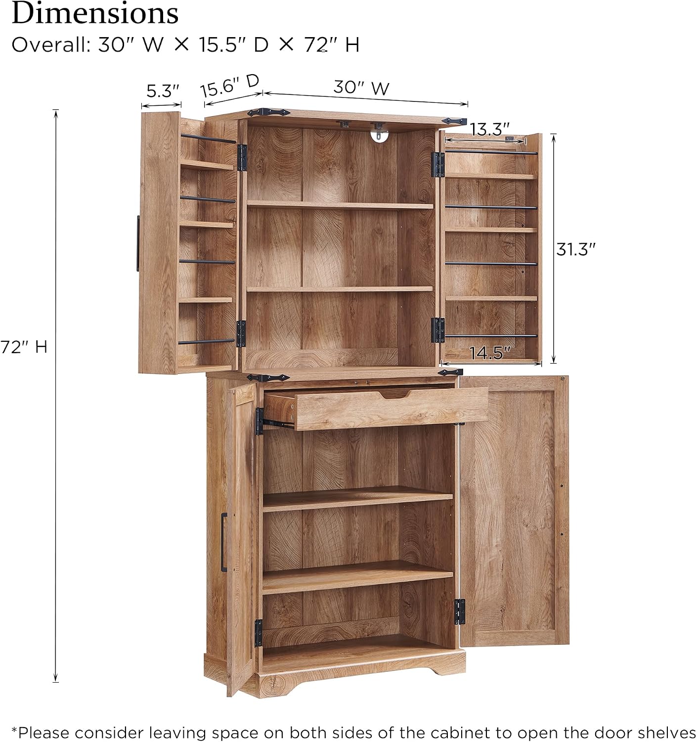ACCOHOHO 72" Tall Kitchen Pantry, Farmhouse Storage Cabinet with Barn Doors, Organizer, Drawer and Adjustable Shelves, Rustic Wood Cupboard for Kitchen, Dining Room, Bathroom and Hallway, Light Walnut