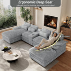 132" U Shaped Cloud Couch Sectional,Fluffy Plush 4 Seat Corduroy Sectional Couches for Living Room,Comfy Corduroy Sofa with Double Chaise Lounge, Storage Console, Cup Holders, USB Port（Grey）