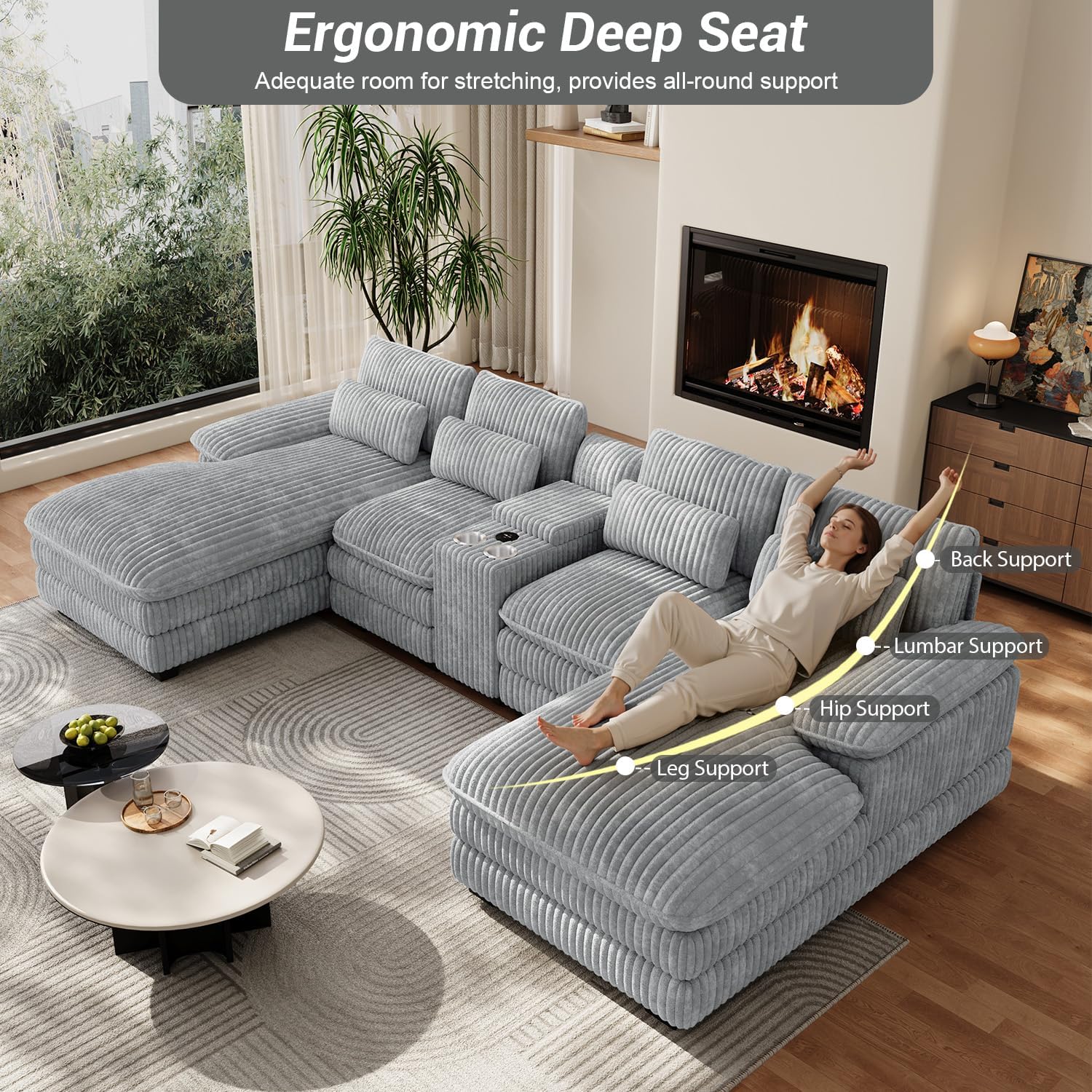132" U Shaped Cloud Couch Sectional,Fluffy Plush 4 Seat Corduroy Sectional Couches for Living Room,Comfy Corduroy Sofa with Double Chaise Lounge, Storage Console, Cup Holders, USB Port（Grey）