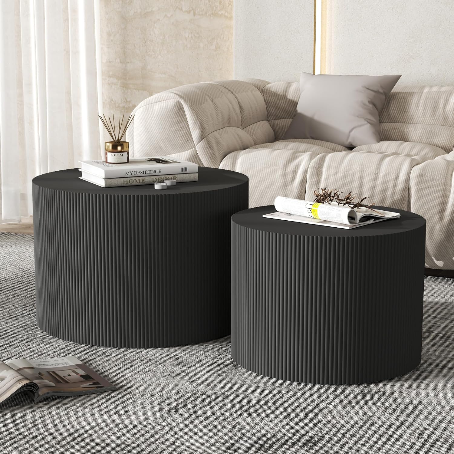 Black Round Coffee Table Set of 2, Modern Wooden Nesting Coffee Tables for Living Room, No Assembly Required Circle Side Tables Set Accent End Table for Bedroom, Balcony