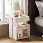 Nightstand with Charging Station and LED Lights, Night Stand with Sliding Top, Wood Modern Bedside End Table with Storage Drawer and Front Storage for Bedroom, White