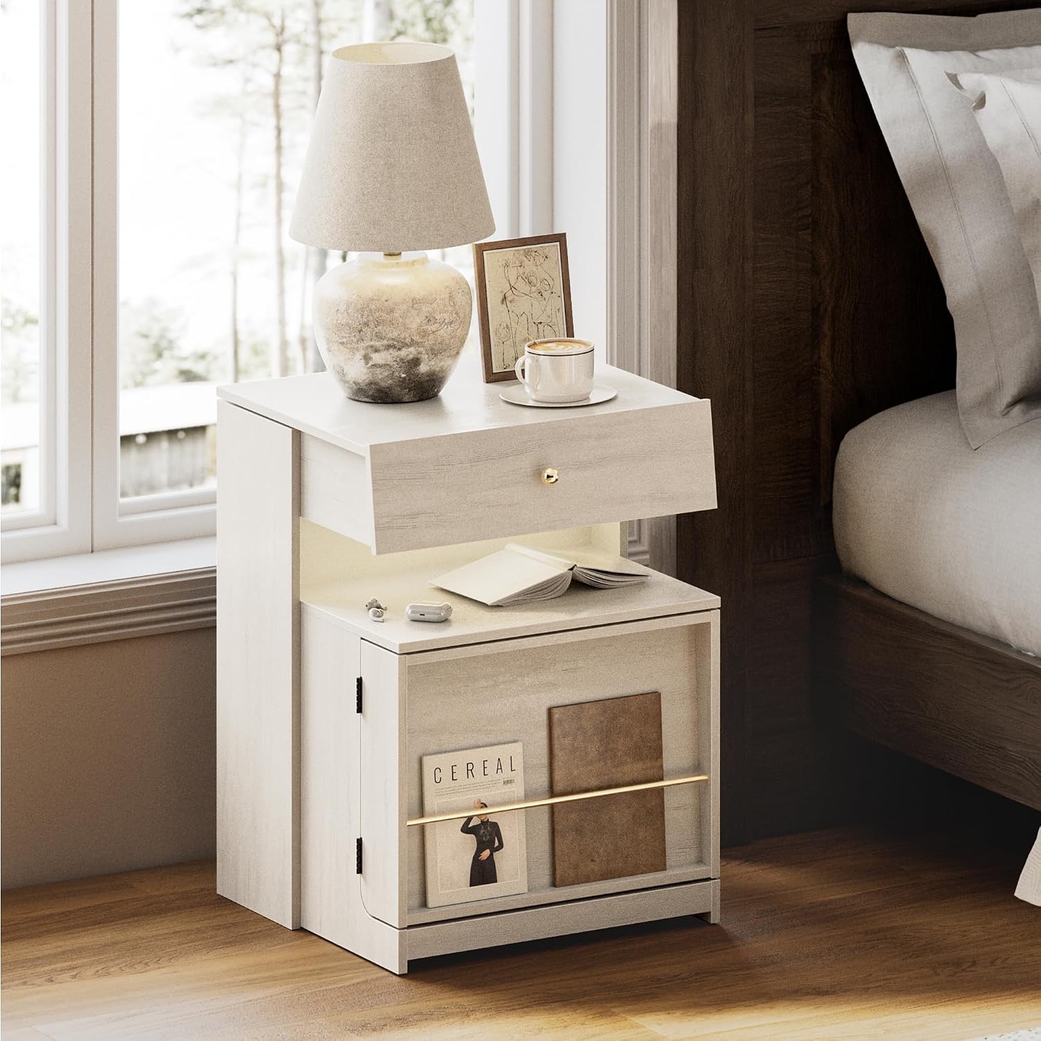 Nightstand with Charging Station and LED Lights, Night Stand with Sliding Top, Wood Modern Bedside End Table with Storage Drawer and Front Storage for Bedroom, White
