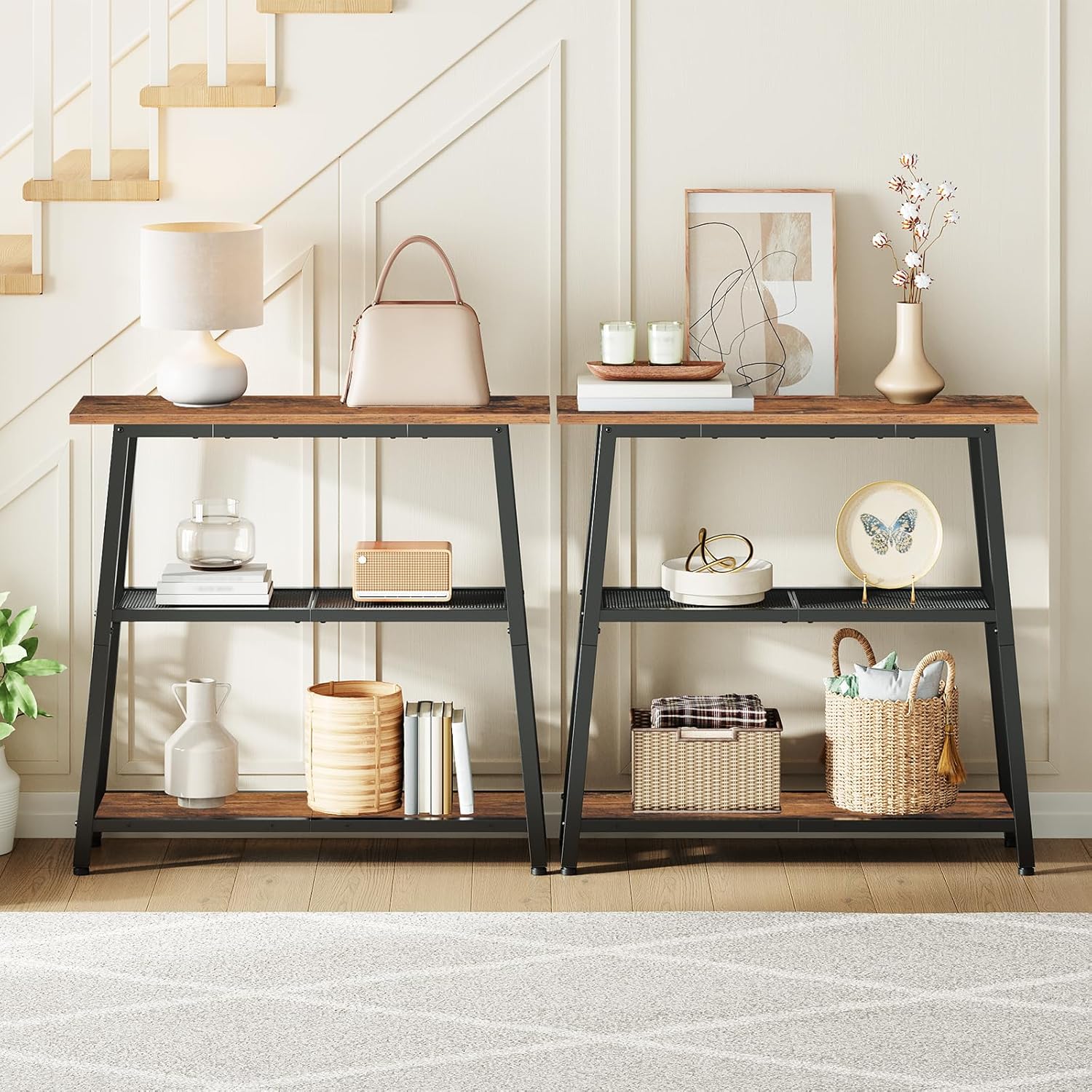 HOOBRO Narrow Console Table, 3-Tier Small Entryway Table with Storage Shelves, Behind Couch Sofa Table, Hallway Table for Entryway, Foyer, Hallway, Living Room, Rustic Brown and Black BF62XG01