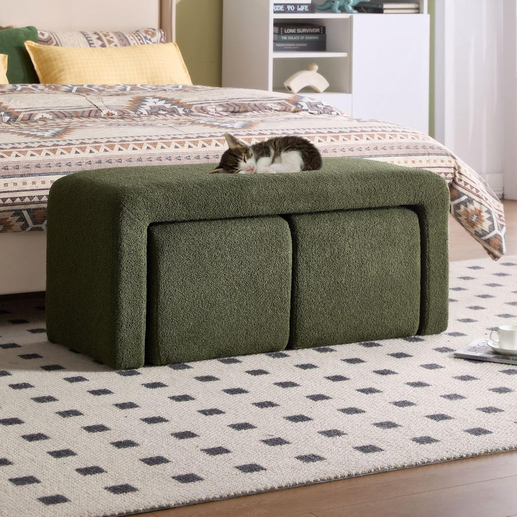 LukeAlon 3-Piece Nesting Ottoman Bench Set, 40.5" Wide Upholstered End of Bed Bench with 2 Small Stools Sherpa Comfy Entry Bench Vanity Stools Modern Arched Bench for Living Room Bedroom, Green