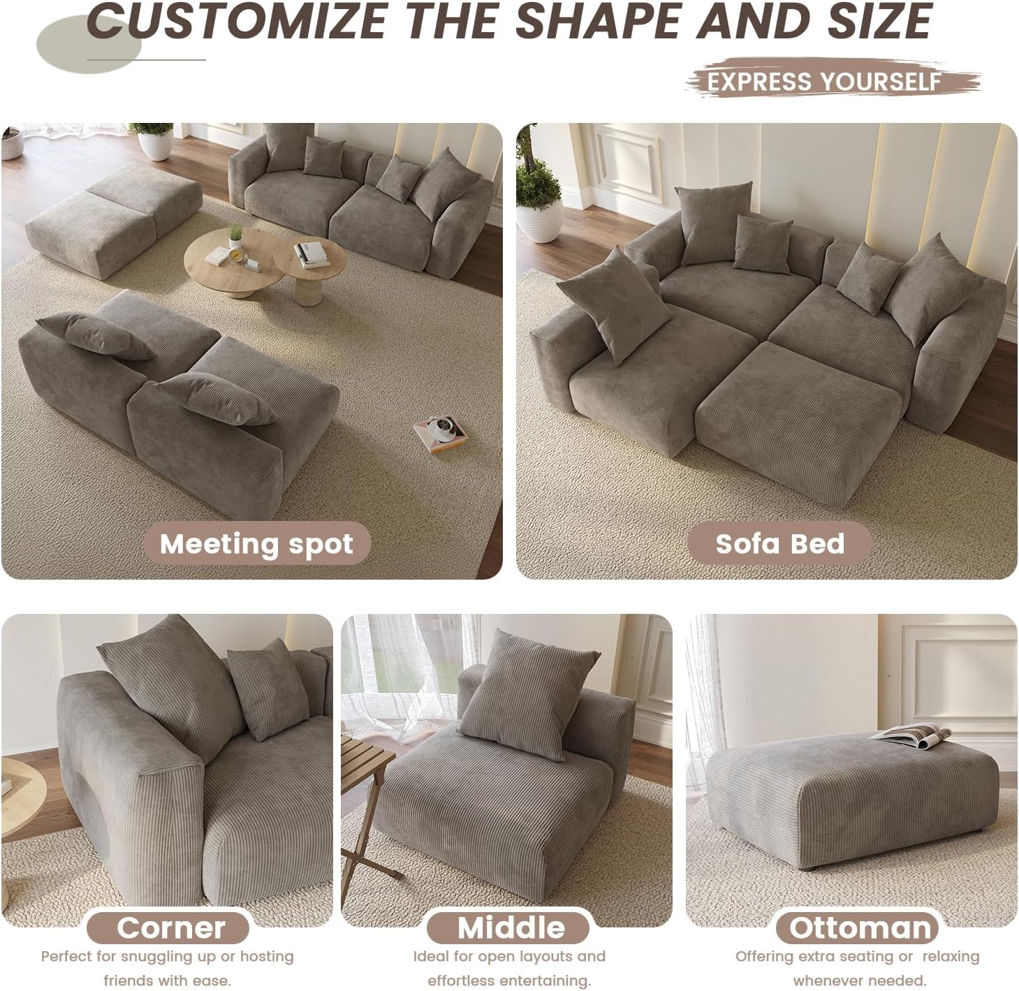 Sectional Couches for Living Room,102inch Cloud Couch Modular Sectional Sofa,Modern Corduroy Couch Love Seat,Cushion Covers Removable& Washable (Brown)