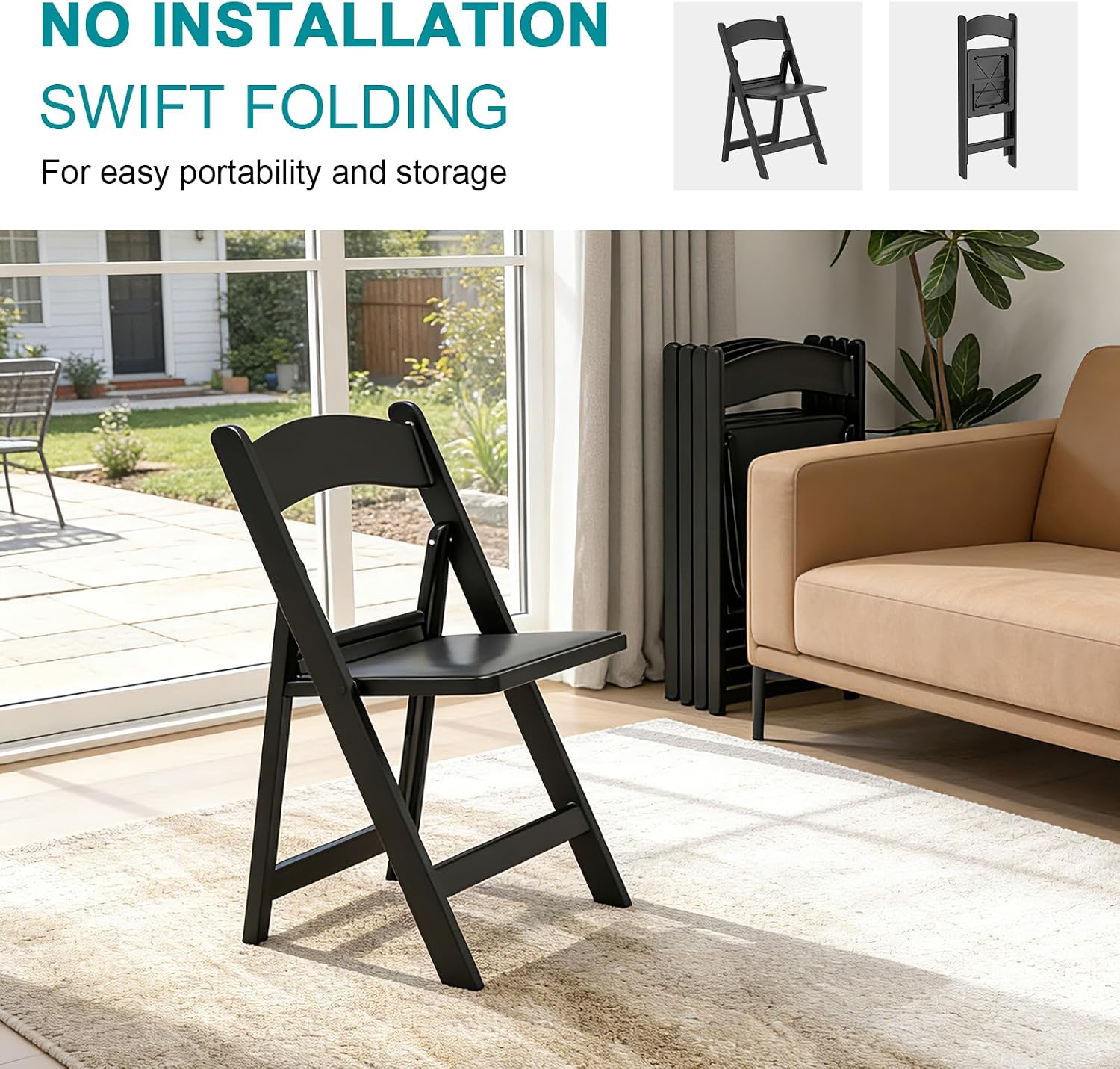 Resin Folding Chairs 4 Pack, 650LB Weight Capacity Foldable Chairs with Padded Seats, Indoor/Outdoor Lightweight Folding Chair for Events, Churches, Schools, Dining, Weekly Services(Black)