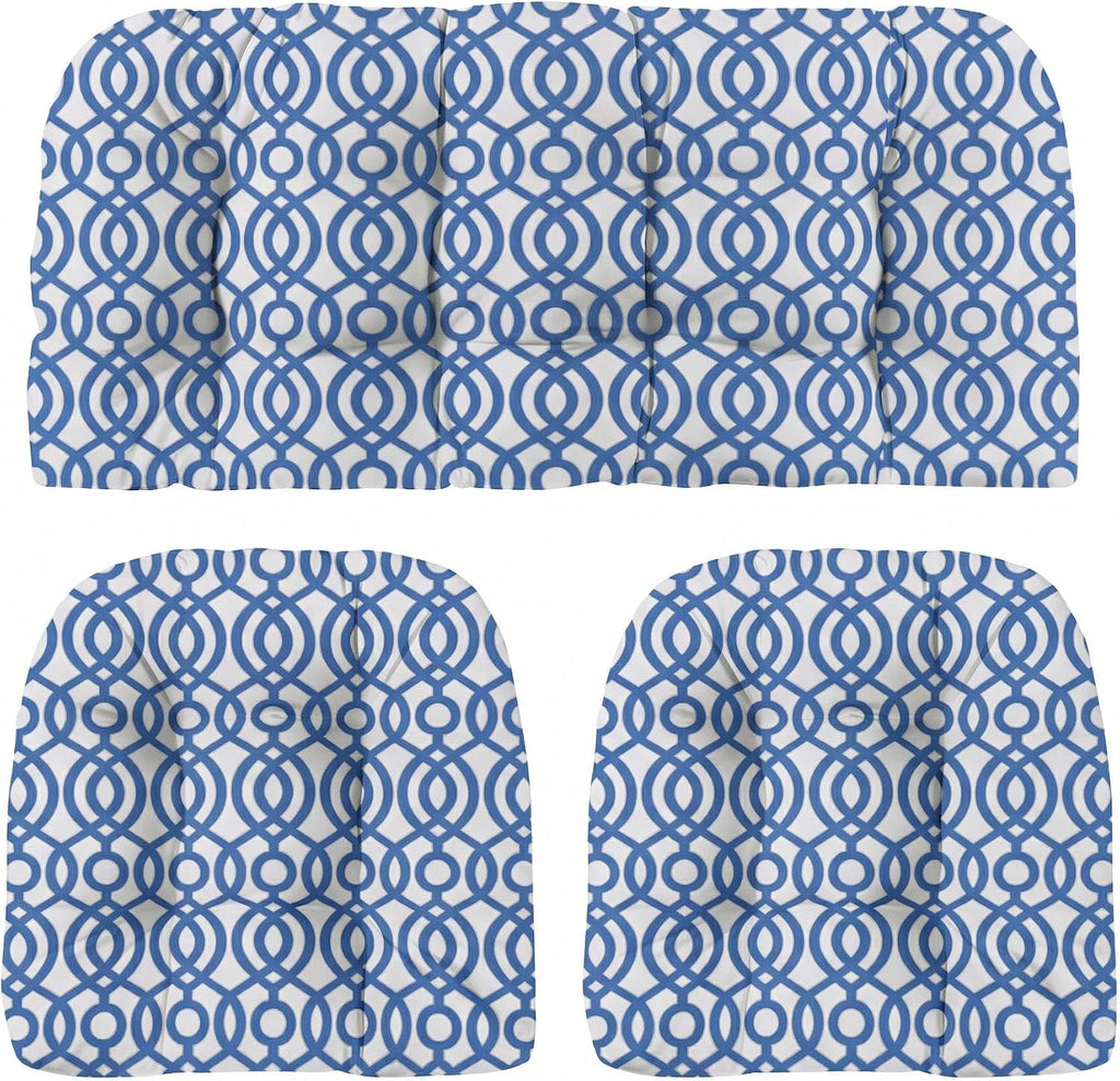 RSH DECOR: 3-Piece Wicker Tufted Cushion Set | 44” x 22" & 22" x 22" | All-Weather Spun Fabric | Water-Resistant | Outdoor Loveseat & U-Shape Cushions for Patio Furniture | Made in USA (Capilla Blue)