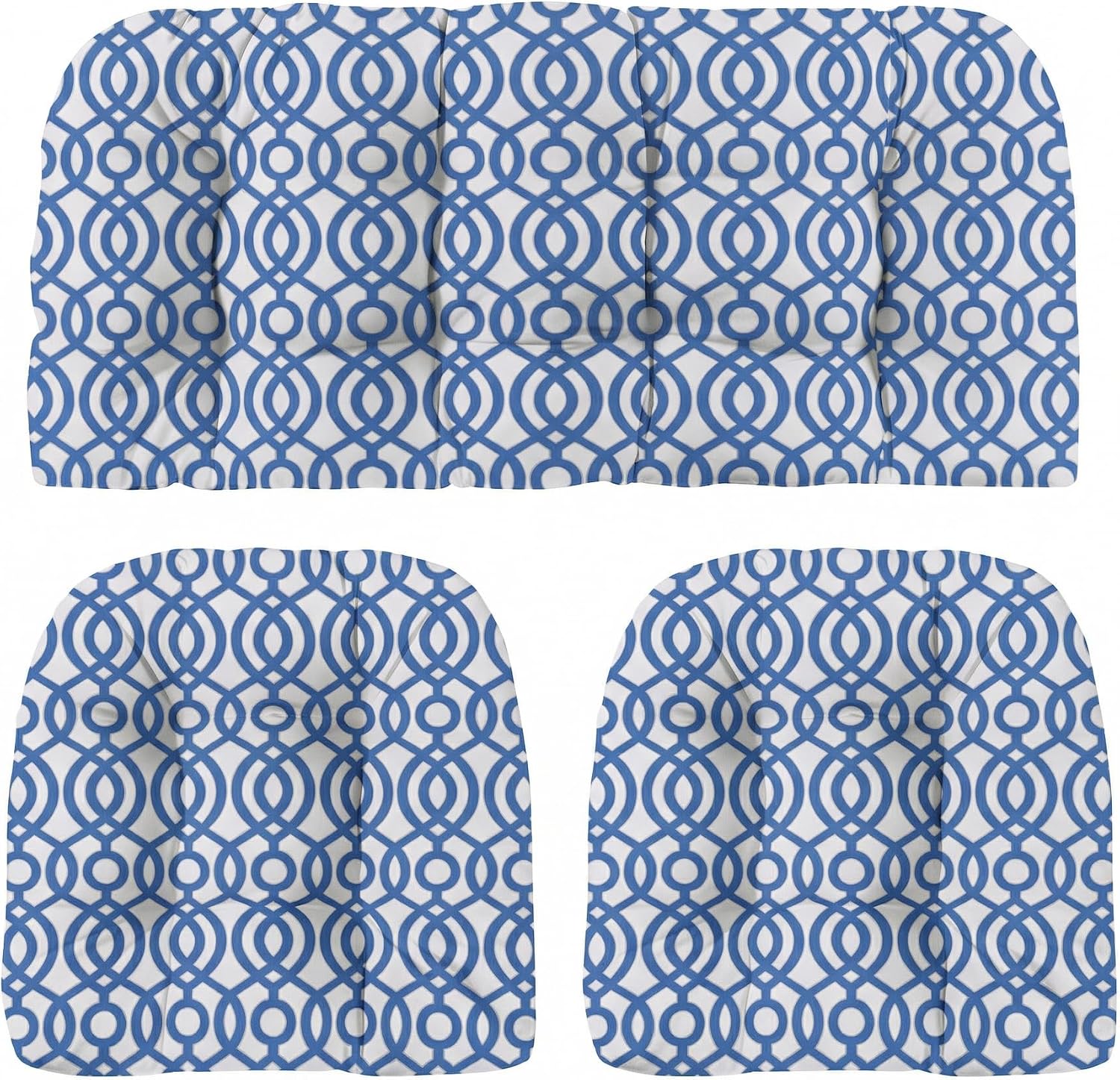 RSH DECOR: 3-Piece Wicker Tufted Cushion Set | 44” x 22" & 22" x 22" | All-Weather Spun Fabric | Water-Resistant | Outdoor Loveseat & U-Shape Cushions for Patio Furniture | Made in USA (Capilla Blue)