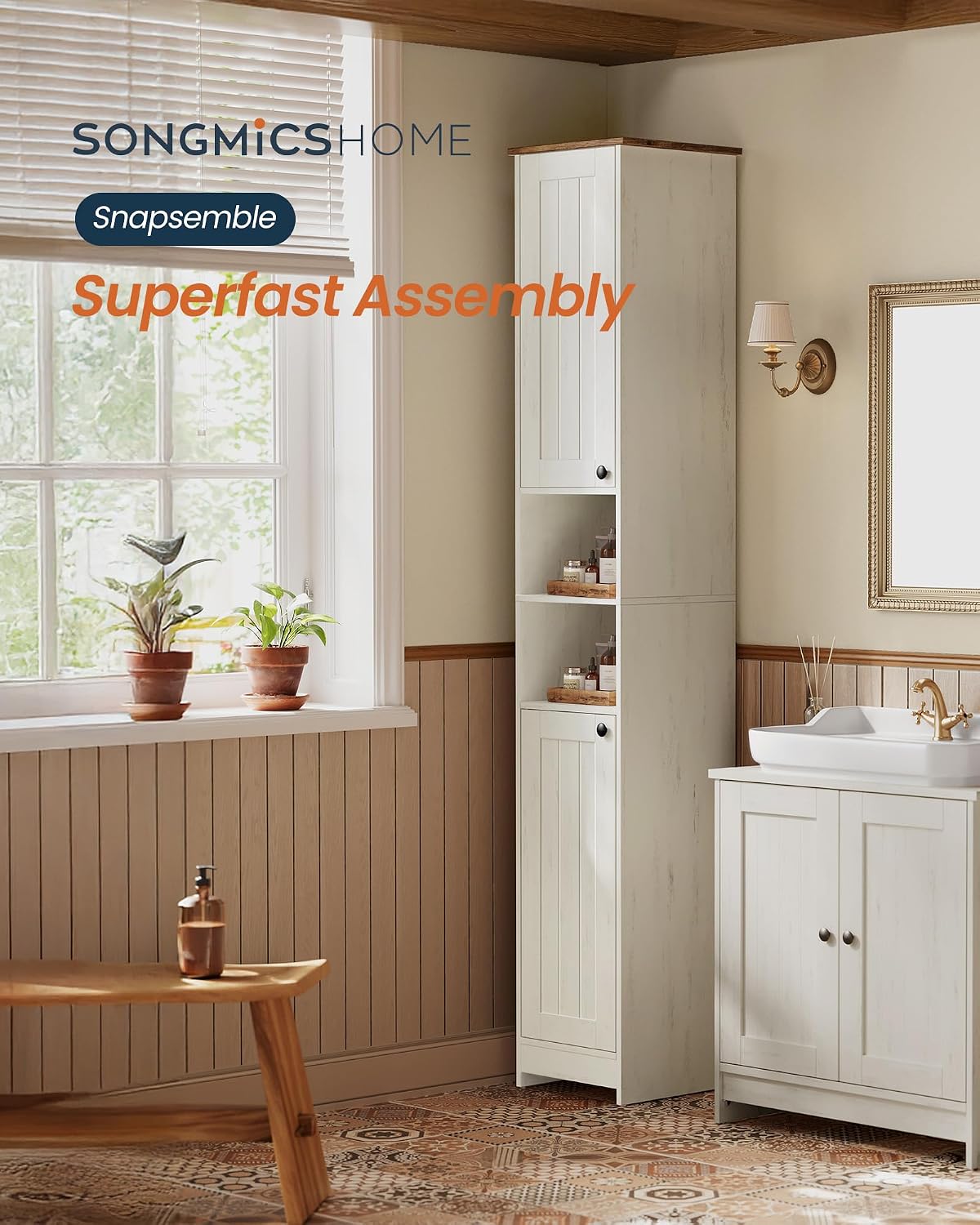 SONGMICS HOME 67-Inch Tall Bathroom Storage Cabinets, Superfast Toolless Assembly, 11.8-Inch Wide Slim Narrow Freestanding Cabinet with Adjustable Shelves, Kitchen Living Room, 2 Pack, Rustic White