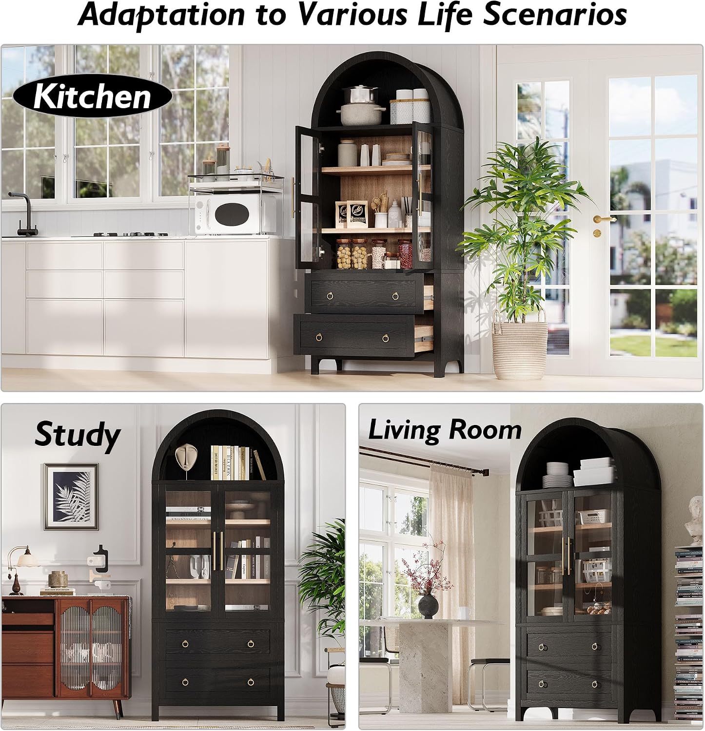 HRVEOCEI Black Arched Cabinet with Glass Doors, Tall Arch Kitchen Pantry with 2 Large Drawers & Adjustable Shelves/Golden Handles, Wood Hutch Cabinet for Kitchen, Dining Room, Living Room