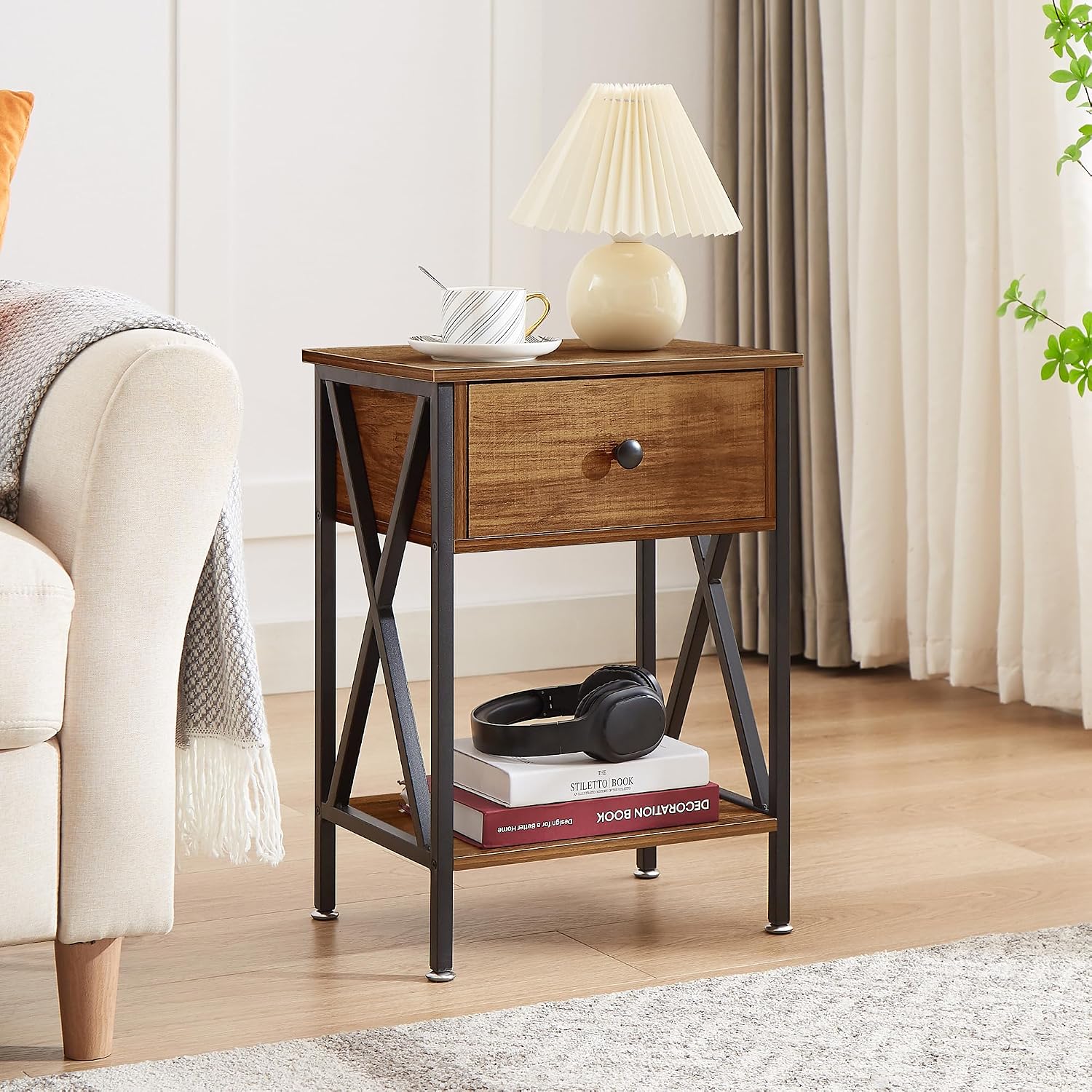 VECELO Nightstands Set of 2, Modern Bedside End Tables, Night Stands with Drawer and Storage Shelf for Living Room Bedroom, Industrial Metal Frame