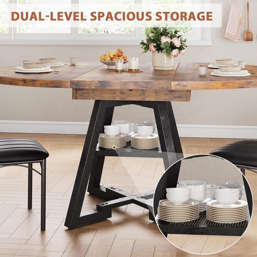 47‘’-61‘’ Extendable Round Dining Table for 6-8, Modern Industrial Kitchen Oval Dining Table with Removable Leaves, Space Saving Pedestal Base with Storage Shelf for Kitchen Living Room (Vintage)