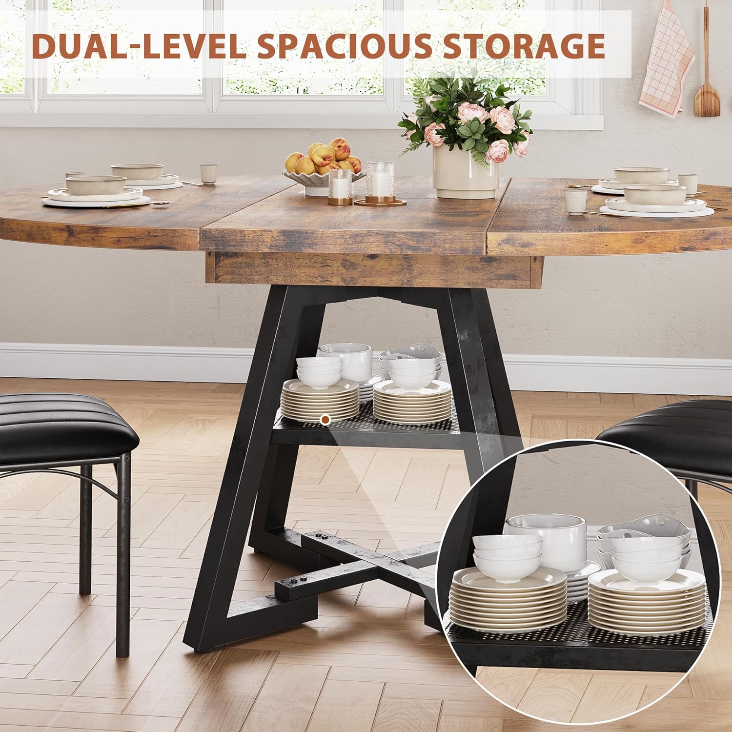 47‘’-61‘’ Extendable Round Dining Table for 6-8, Modern Industrial Kitchen Oval Dining Table with Removable Leaves, Space Saving Pedestal Base with Storage Shelf for Kitchen Living Room (Vintage)