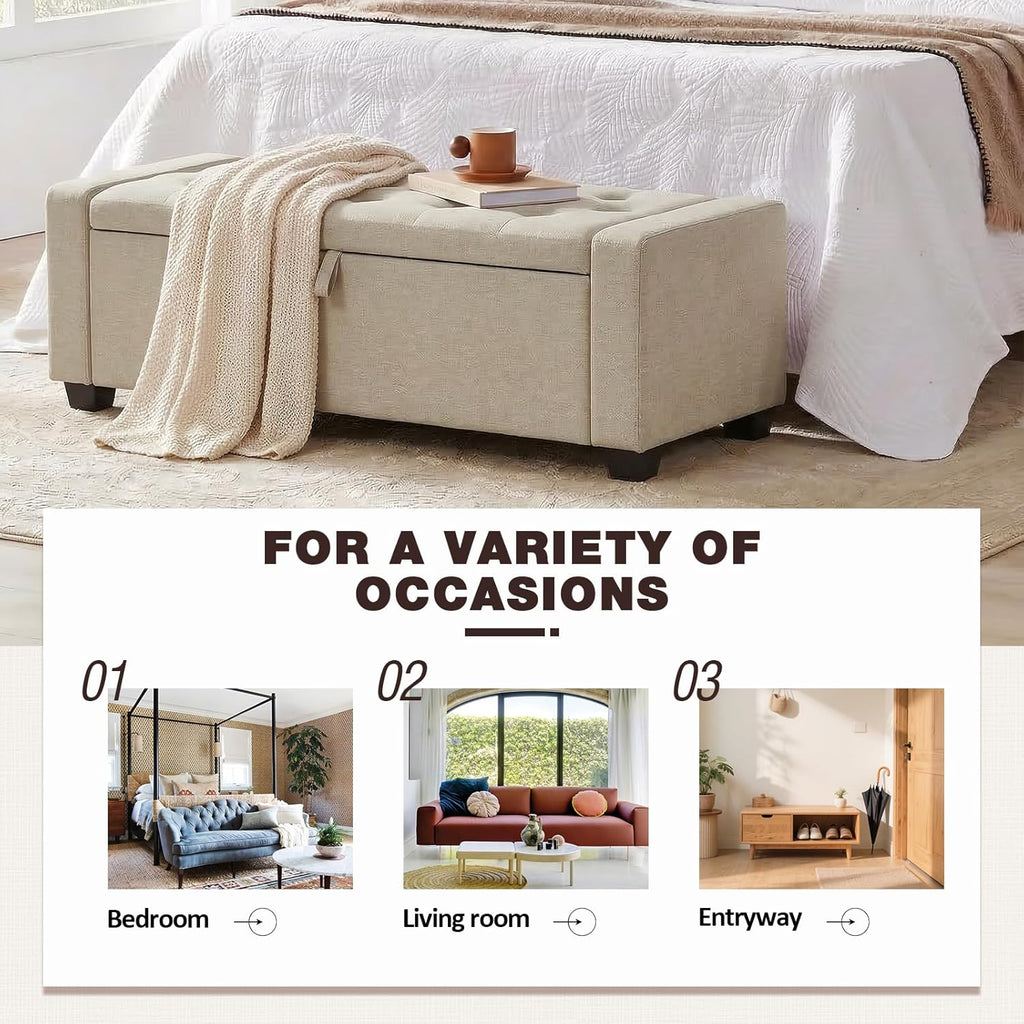 Storage Ottoman Bench, 50" End of Bed Bench with Legs,Storage Chest with Safety Hinge, Modern Entryway Benchs for Living Room, Bedroom, Entryway, Beige
