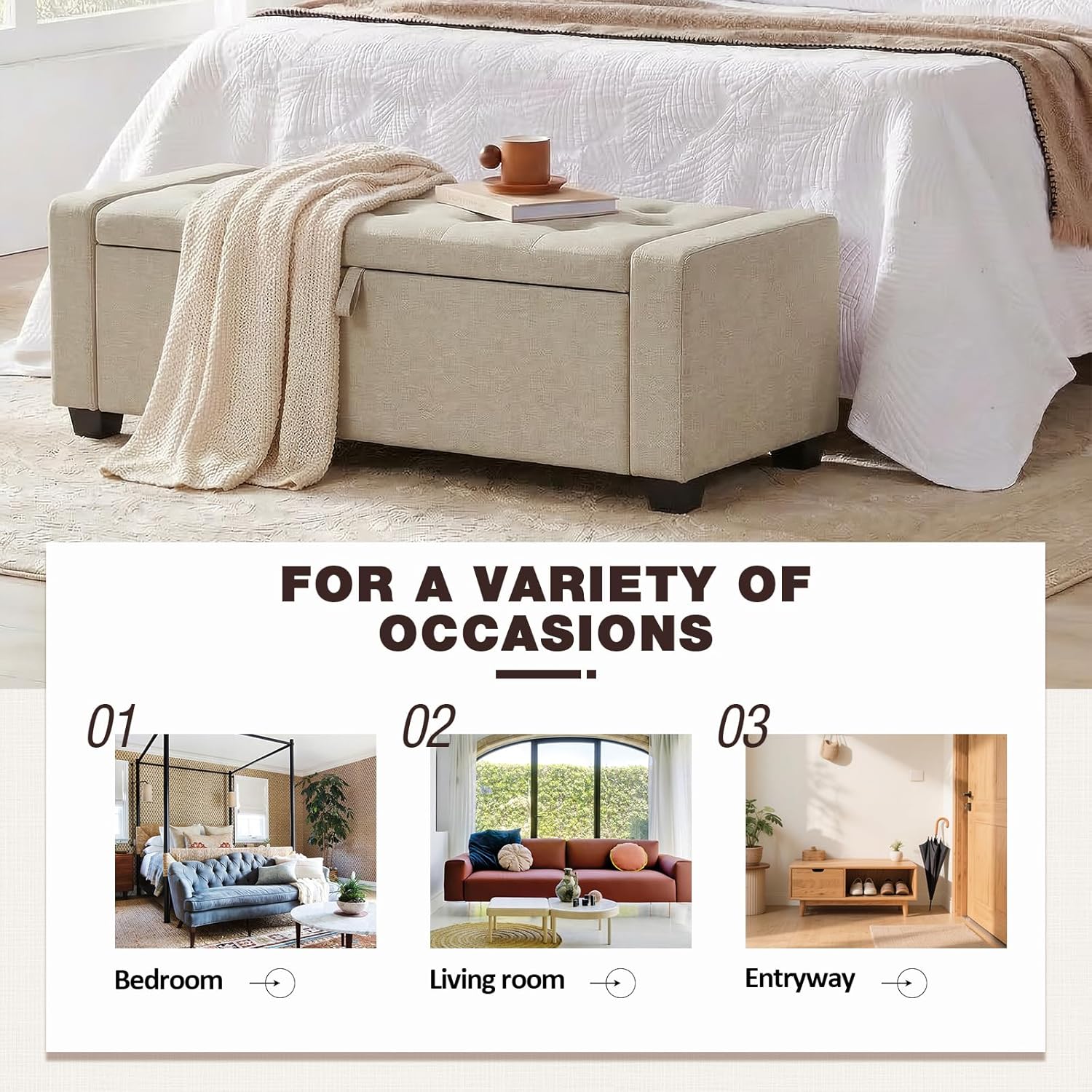 Storage Ottoman Bench, 50" End of Bed Bench with Legs,Storage Chest with Safety Hinge, Modern Entryway Benchs for Living Room, Bedroom, Entryway, Beige