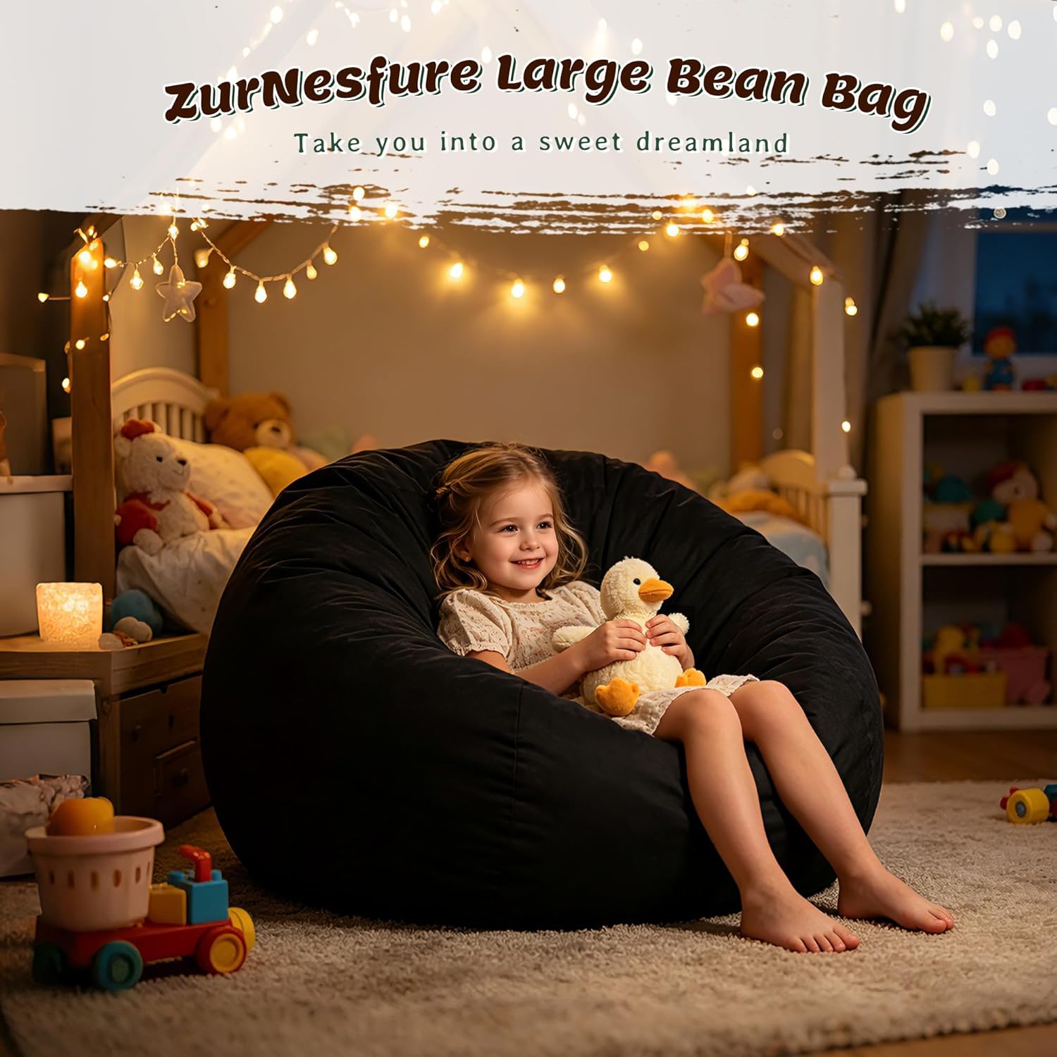 ZurNesfure Bean Bag Chairs for Adults 3FT Large Bean Bag Chair Memory Foam Filled Lazy Sofa with Removable Washable Cover Beanbag for Living Room Bedroom Dorm (Black, Medium)