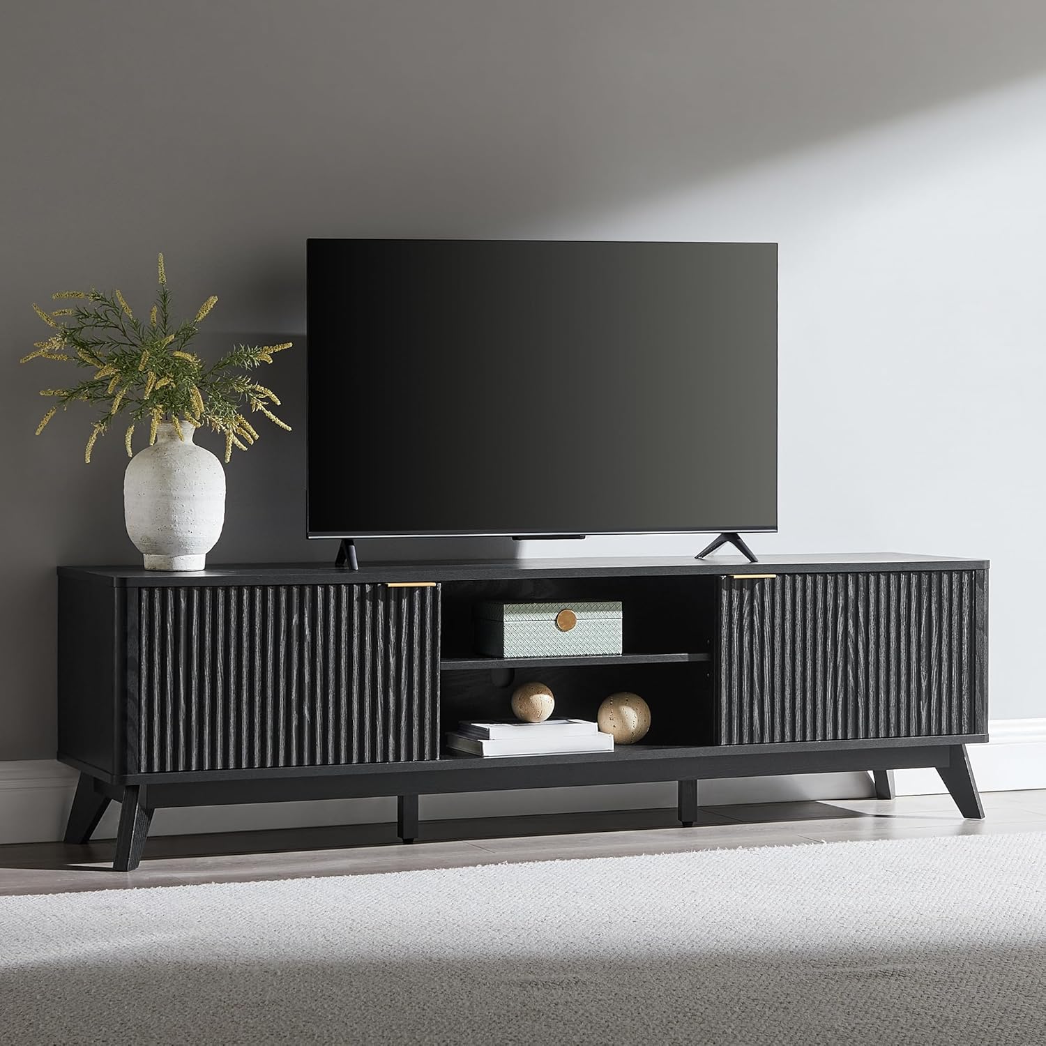 OKD 70" Mid Century Modern Fluted TV Stand, Entertainment Center, Sideboard, Media Console for Living Room with 2 Soft Close Door/Adjustable Shelves (Black Oak)