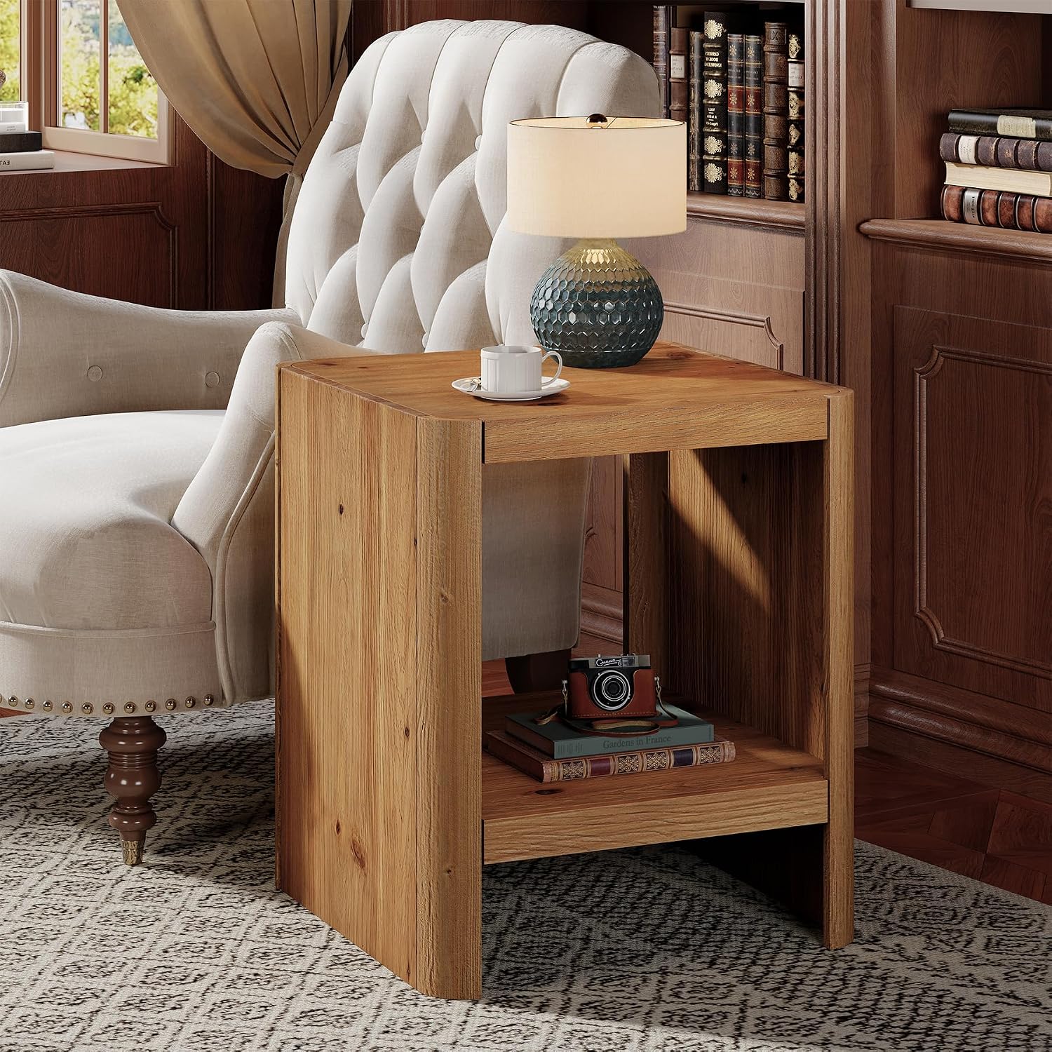 Solid Wood End Table, 2-Tier Small Side Table with Open Storage Shelf, Rustic Nightstand for Living Room, Bedroom, or Small Spaces, Easy Assembly (2, Natural Wood)