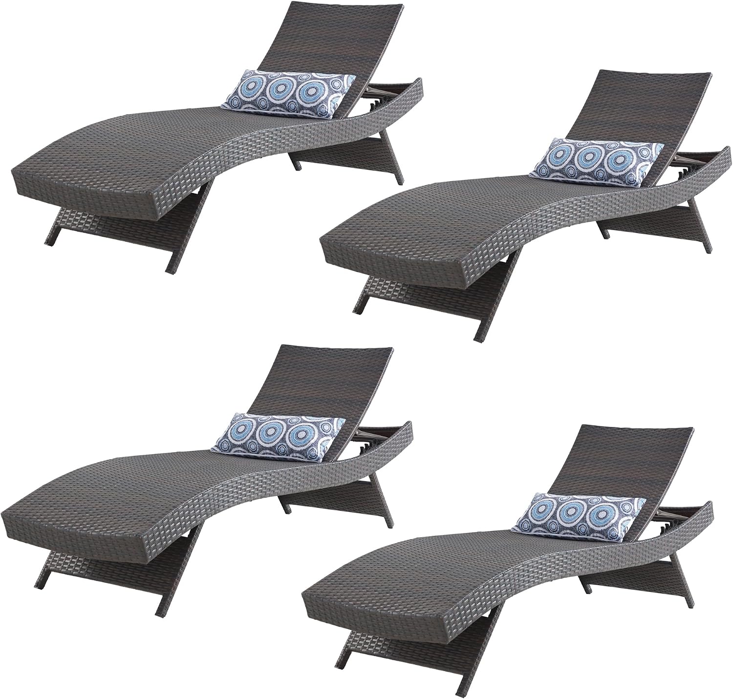 79'' Long Reclining Chair Set of 4 with Cushions, Adjustable Patio Chaise Lounge Chair, Outdoor Wicker Lounge Chair, PE Rattan Lawn Sunbathing for All Weather, Beach Poolside Garden Backyard, Brown