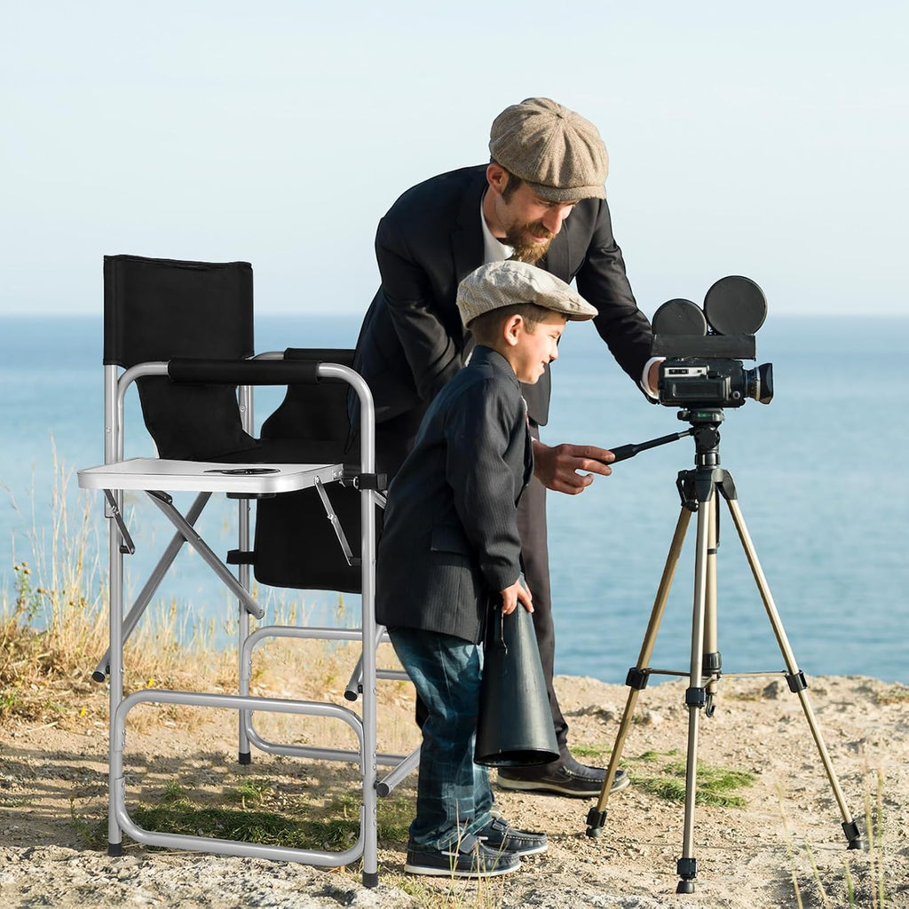 mefeir 26" Tall Folding Directors Chair with Side Table,Portable Makeup Artist Bar Height, Steel Frame 300 lbs Capacity, 19.2" D x 23.6" W x 40.5" H