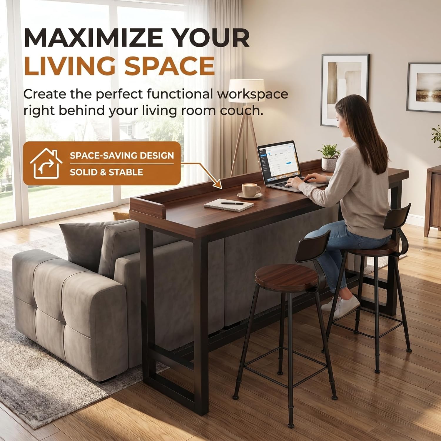 Narrow Bar Table with Edge Panel, Bar Height Tables Solid Wood, Industrial Rectangular Counter Height Table, Long Pub Tables for Small Space Living Room, Behind Couch or Coffee Shop